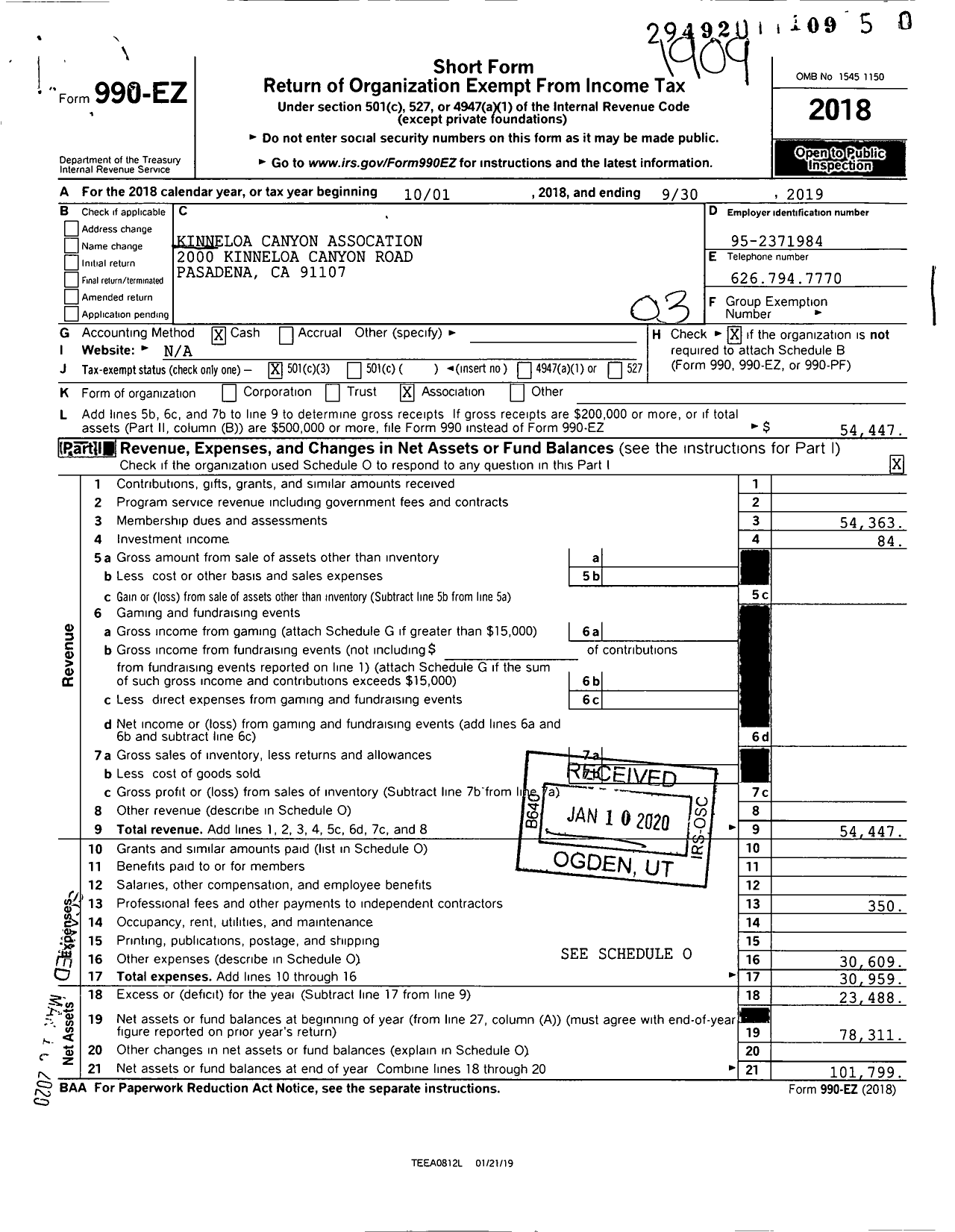 Image of first page of 2018 Form 990EZ for Kinneloa Canyon Assocation