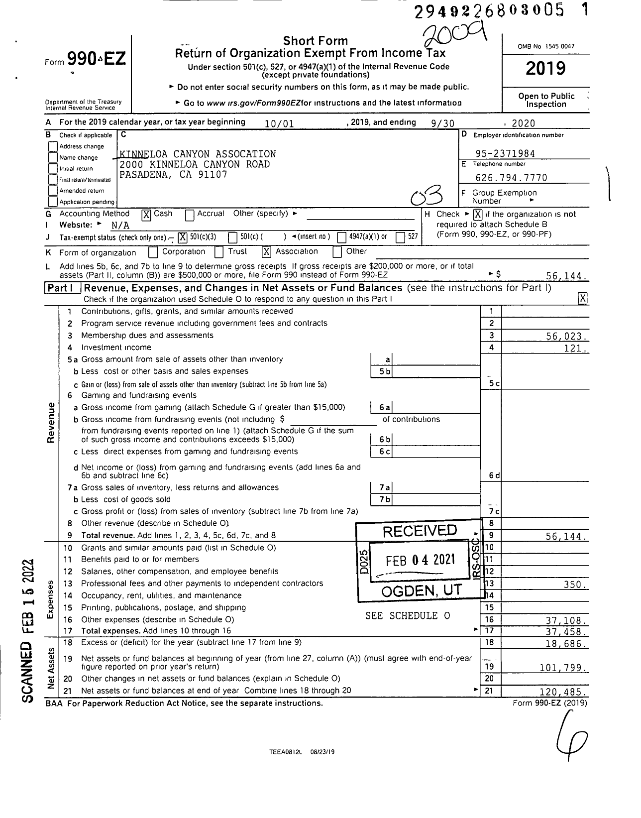 Image of first page of 2019 Form 990EZ for Kinneloa Canyon Assocation