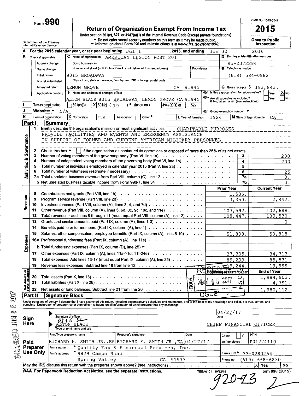 Image of first page of 2015 Form 990O for American Legion Post 201