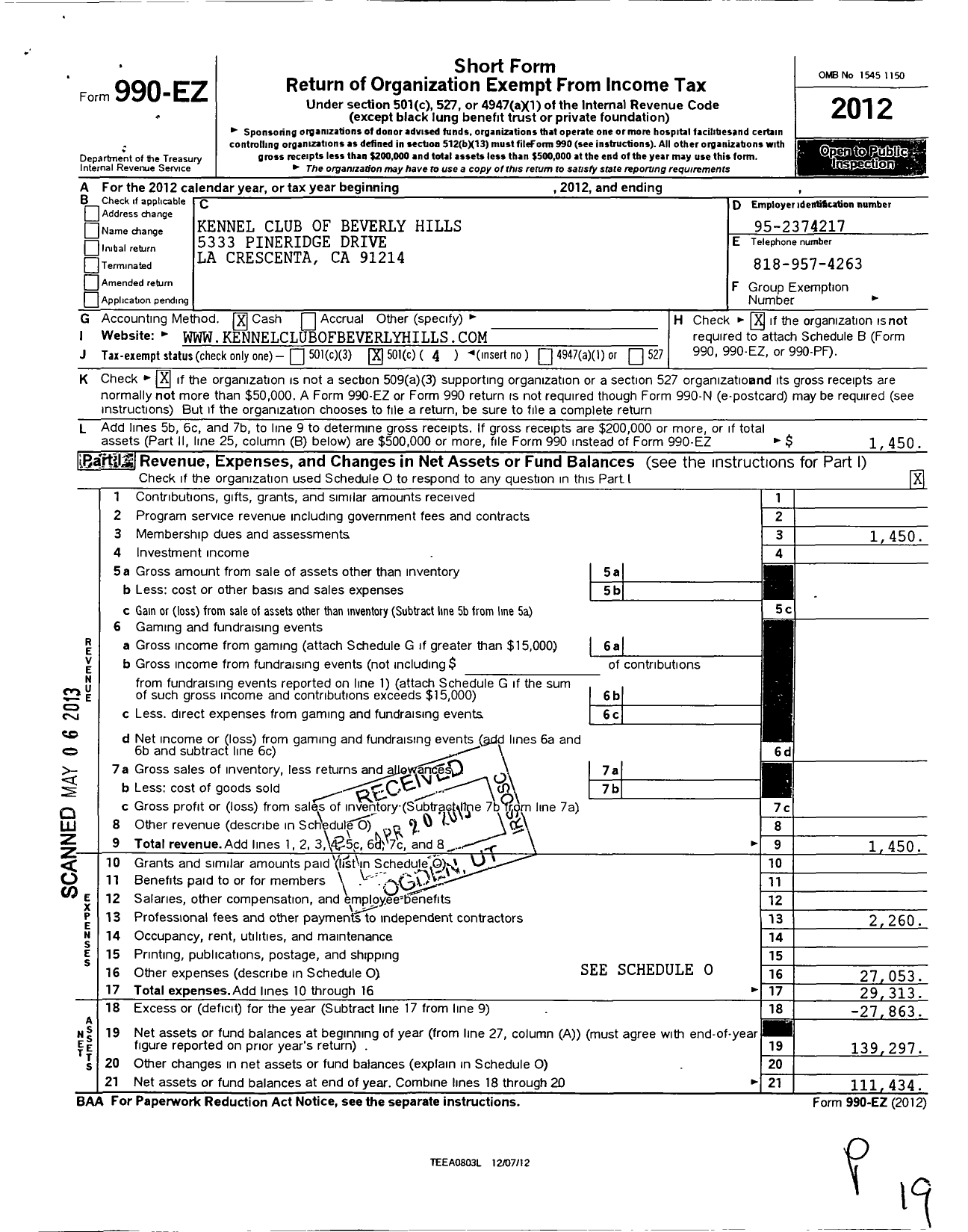 Image of first page of 2012 Form 990EO for Kennel Club of Beverly Hills