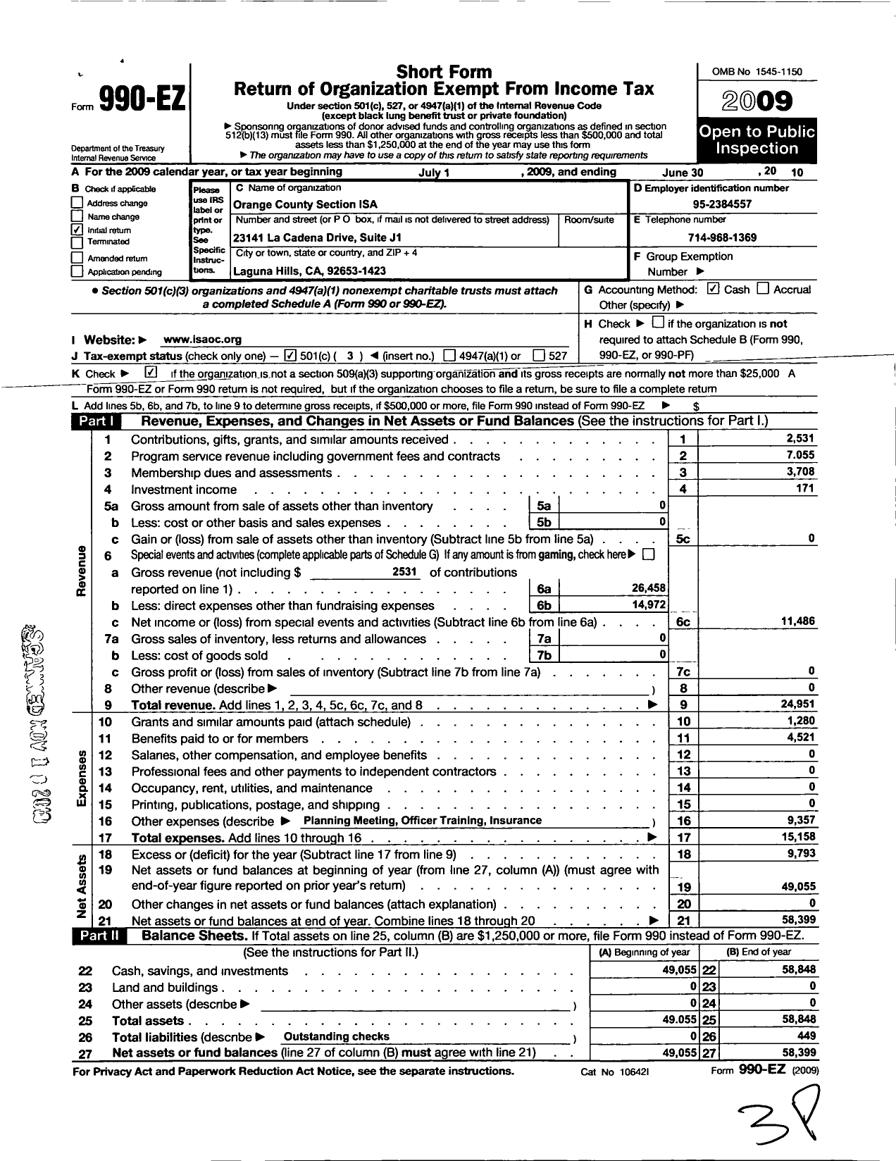 Image of first page of 2009 Form 990EZ for International Society of Automation / Orange County Section