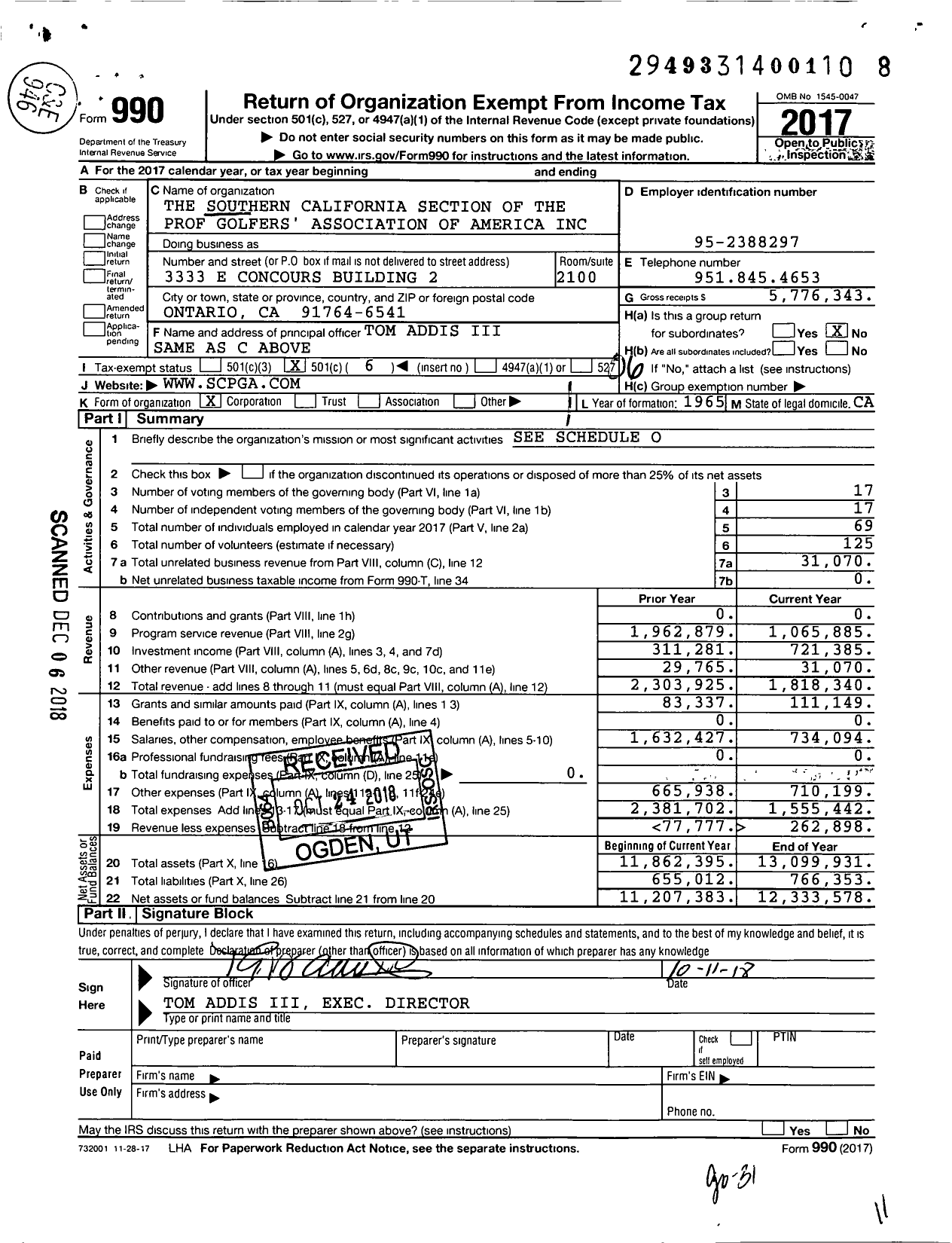 Image of first page of 2017 Form 990O for Southern California Section of PGA (SCPGA)