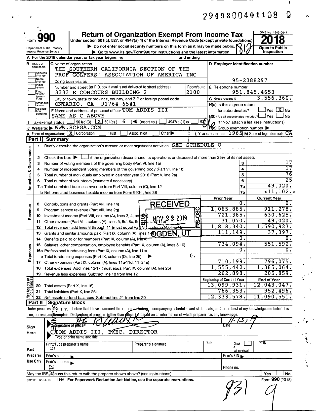 Image of first page of 2018 Form 990O for Southern California Section of PGA (SCPGA)