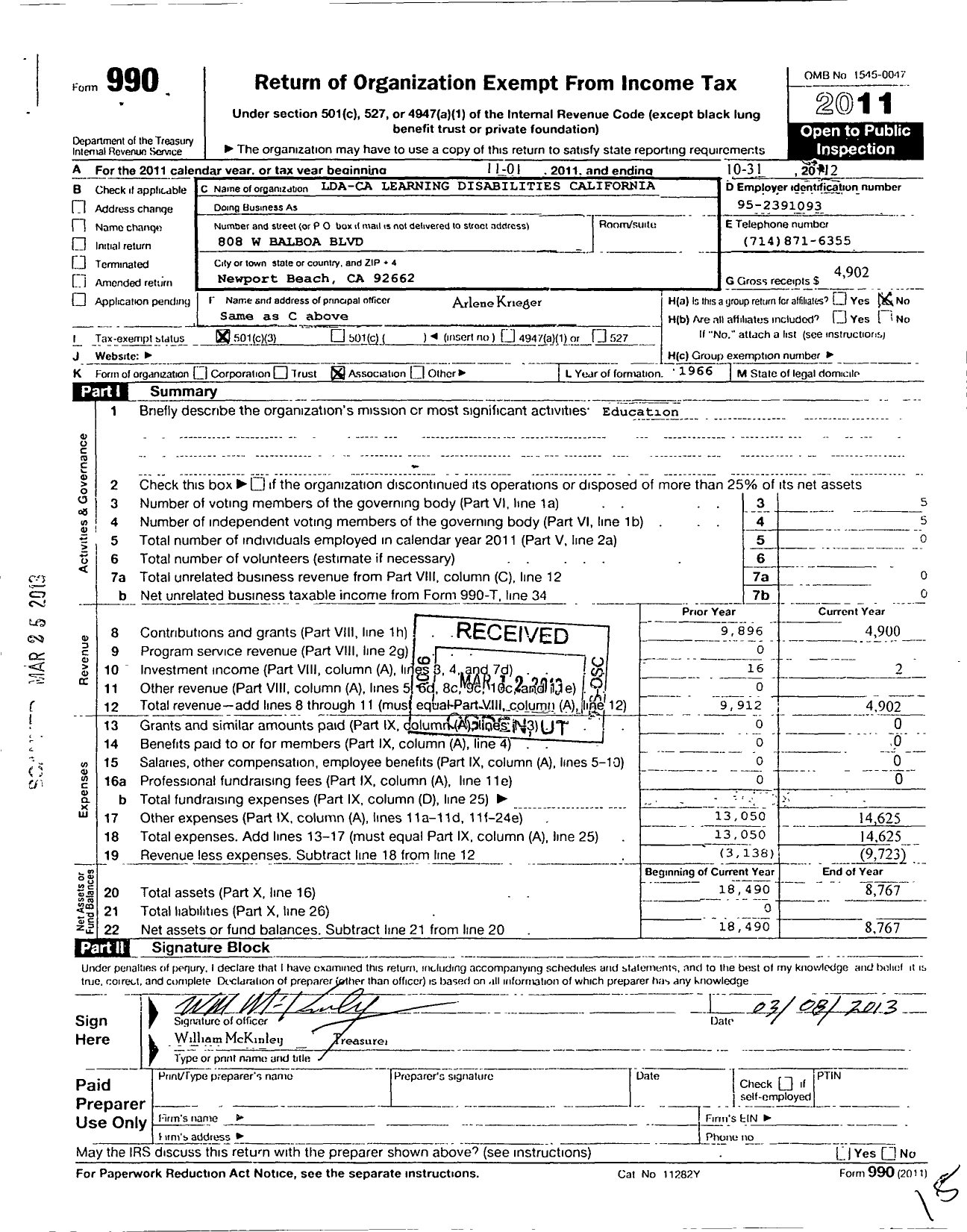 Image of first page of 2011 Form 990 for Learning Disabilities Association of California / California