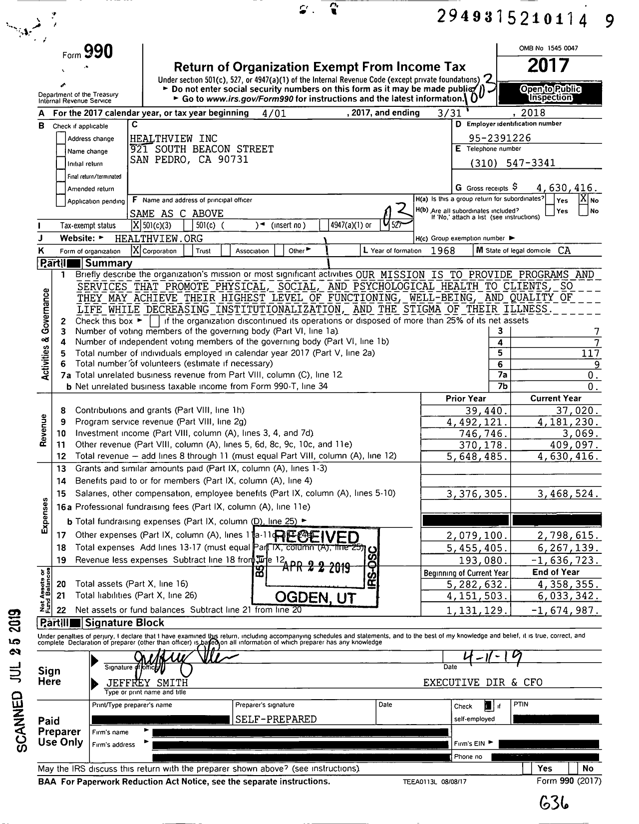 Image of first page of 2017 Form 990 for HealthView Incorporated