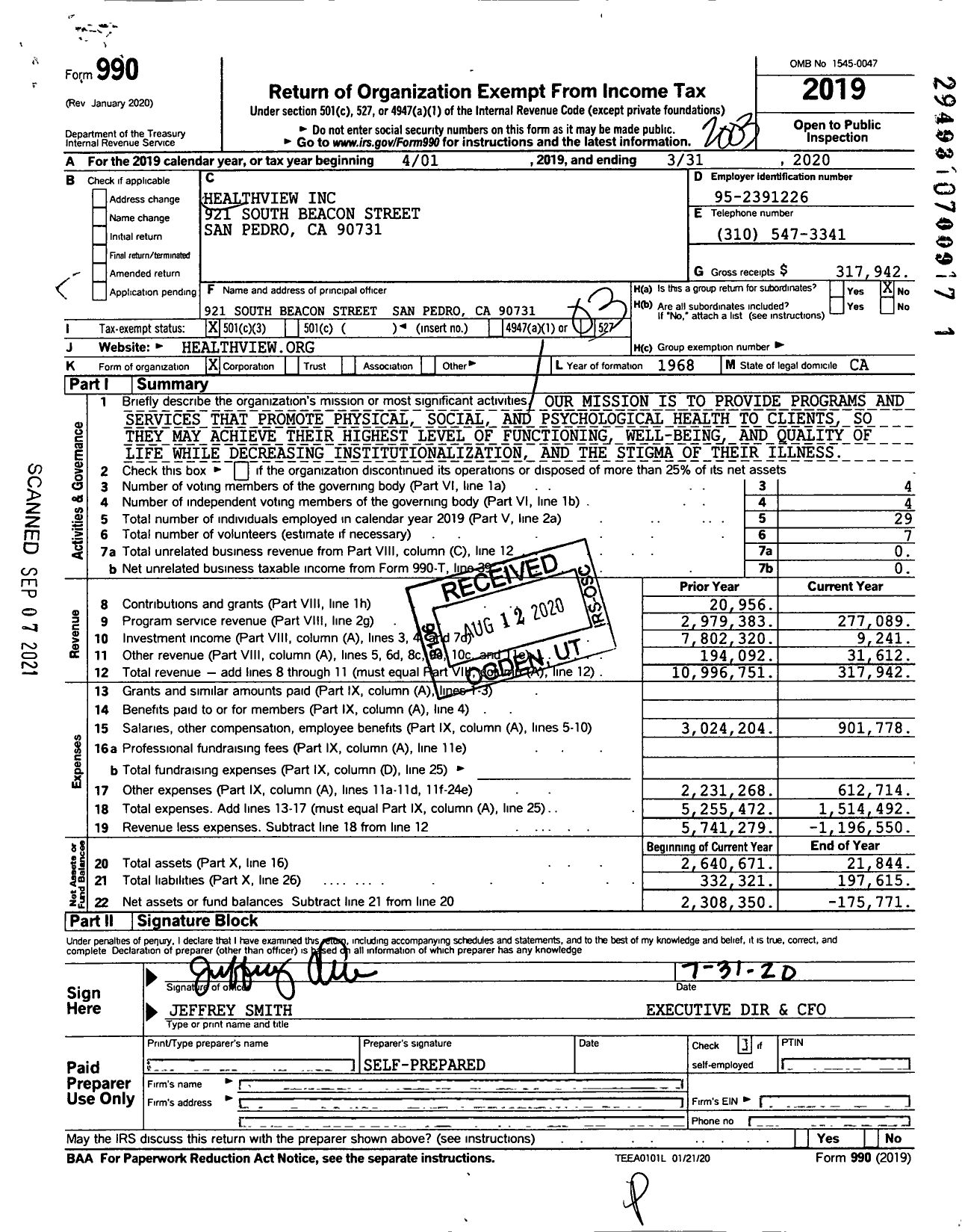 Image of first page of 2019 Form 990 for HealthView Incorporated