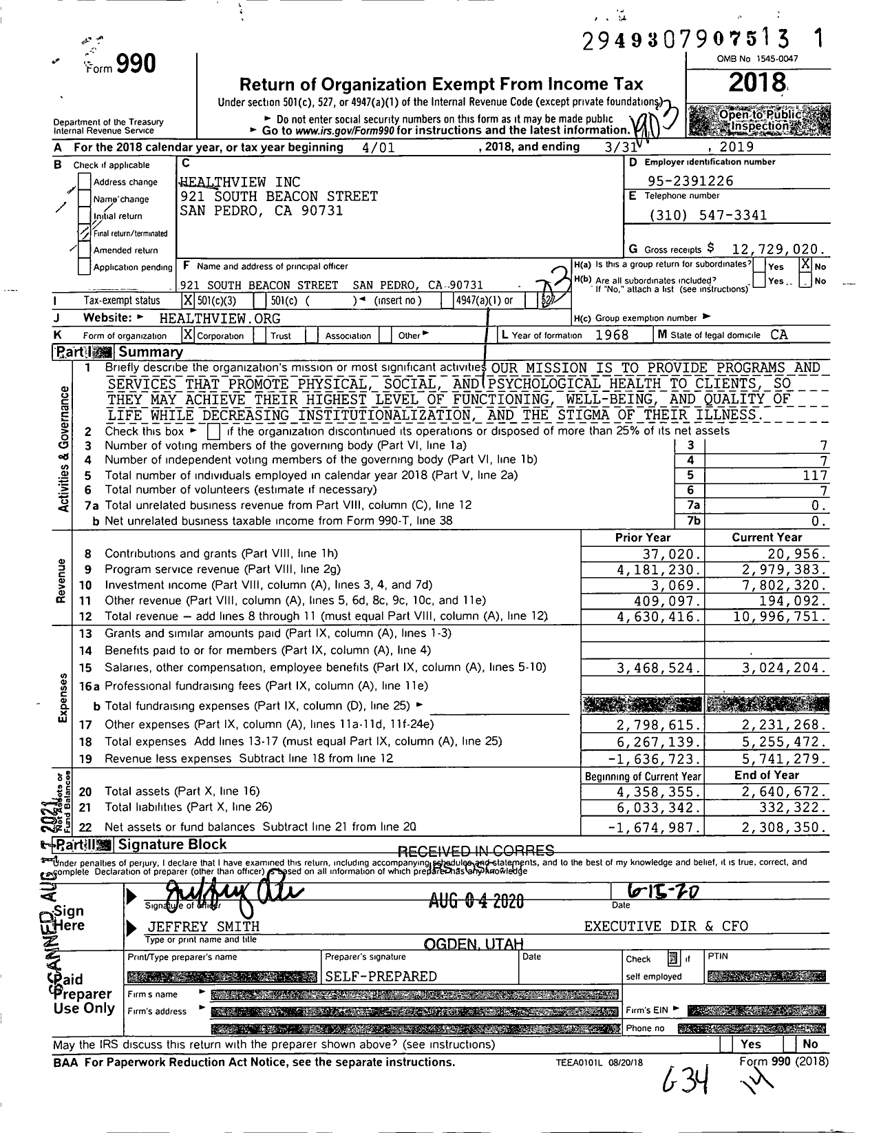 Image of first page of 2018 Form 990 for HealthView Incorporated