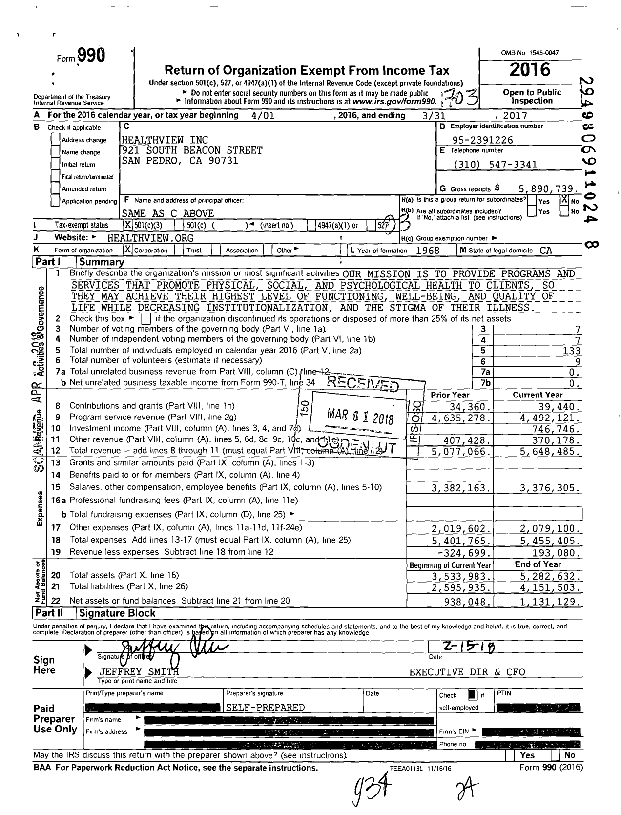 Image of first page of 2016 Form 990 for HealthView Incorporated
