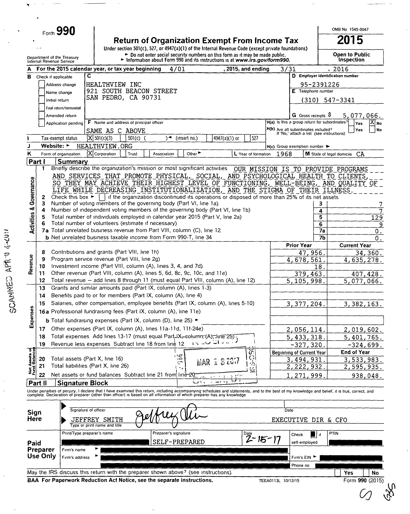 Image of first page of 2015 Form 990 for HealthView Incorporated
