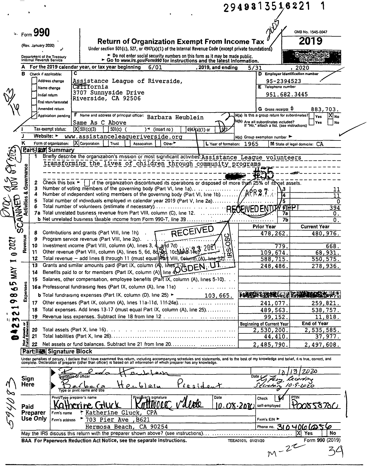 Image of first page of 2019 Form 990 for Assistance League of Riverside California