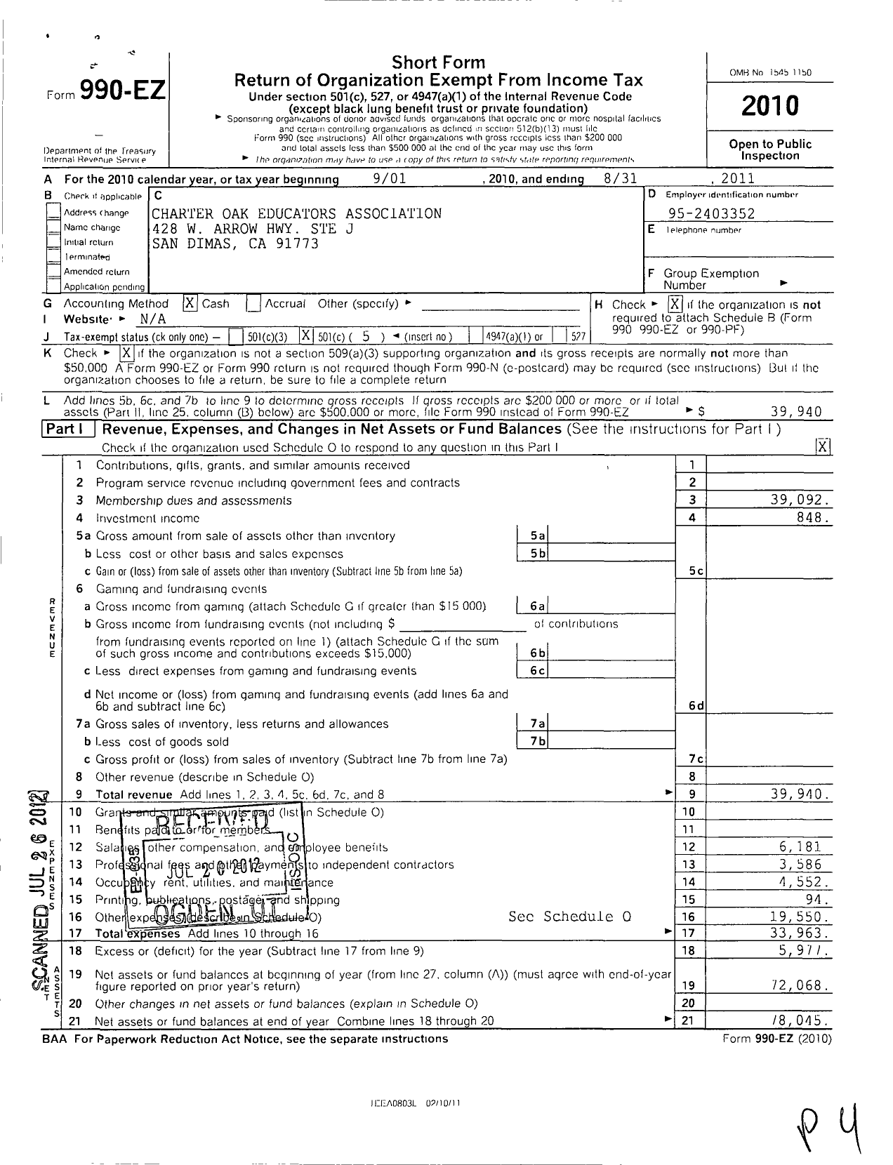 Image of first page of 2010 Form 990EO for California Teachers Association - Charter Oak Educators Assoc