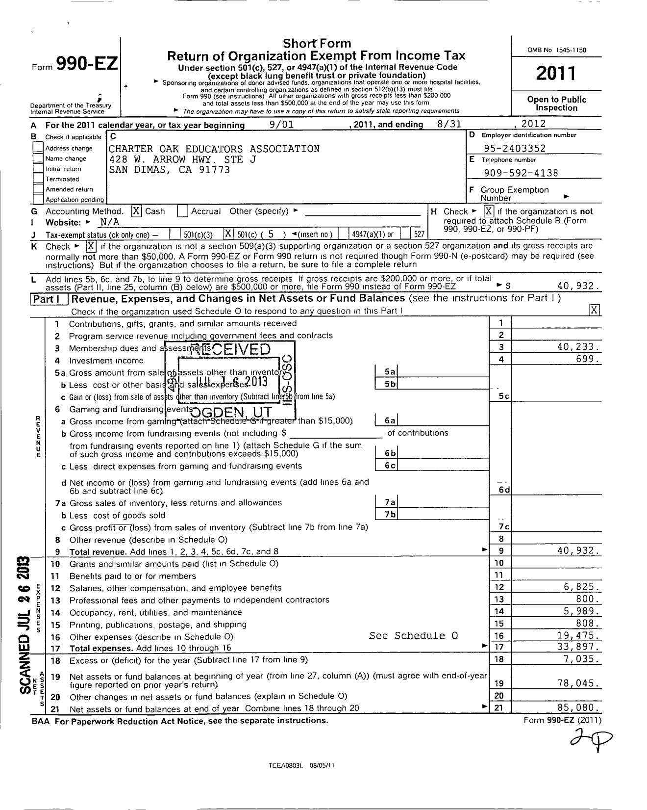 Image of first page of 2011 Form 990EO for California Teachers Association - Charter Oak Educators Assoc