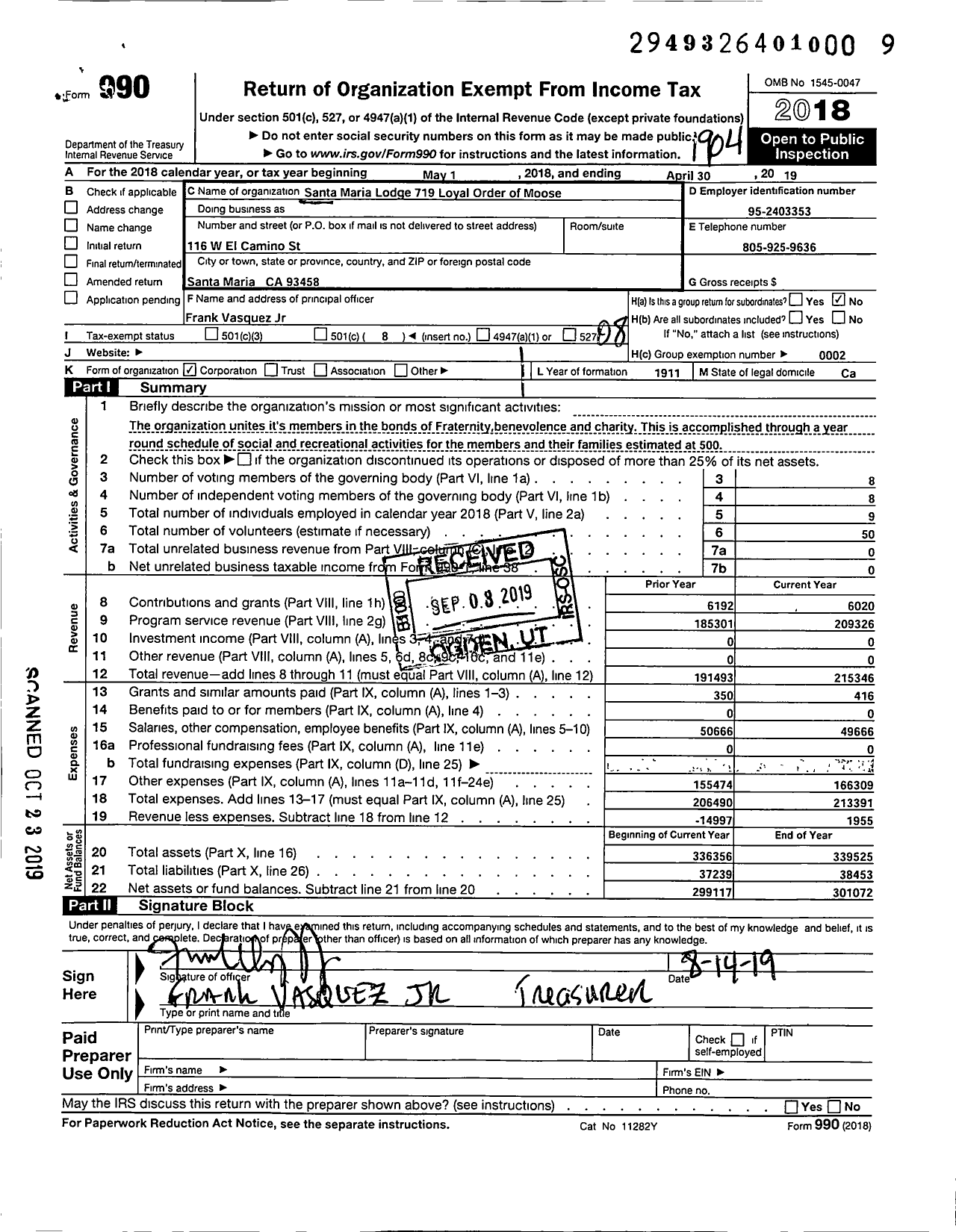 Image of first page of 2018 Form 990O for Loyal Order of Moose - 719