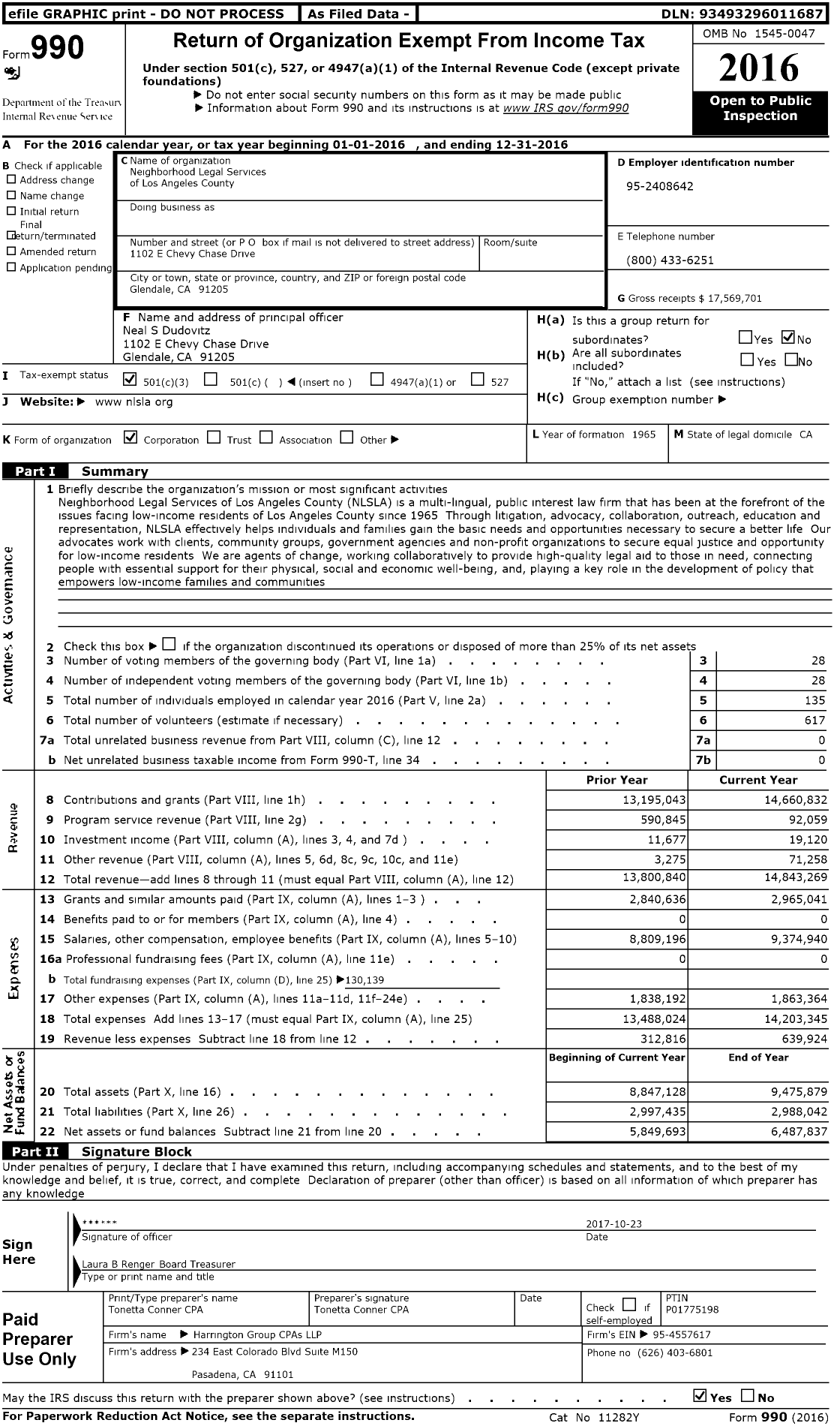 Image of first page of 2016 Form 990 for Neighborhood Legal Services of Los Angeles (NLS-LA)