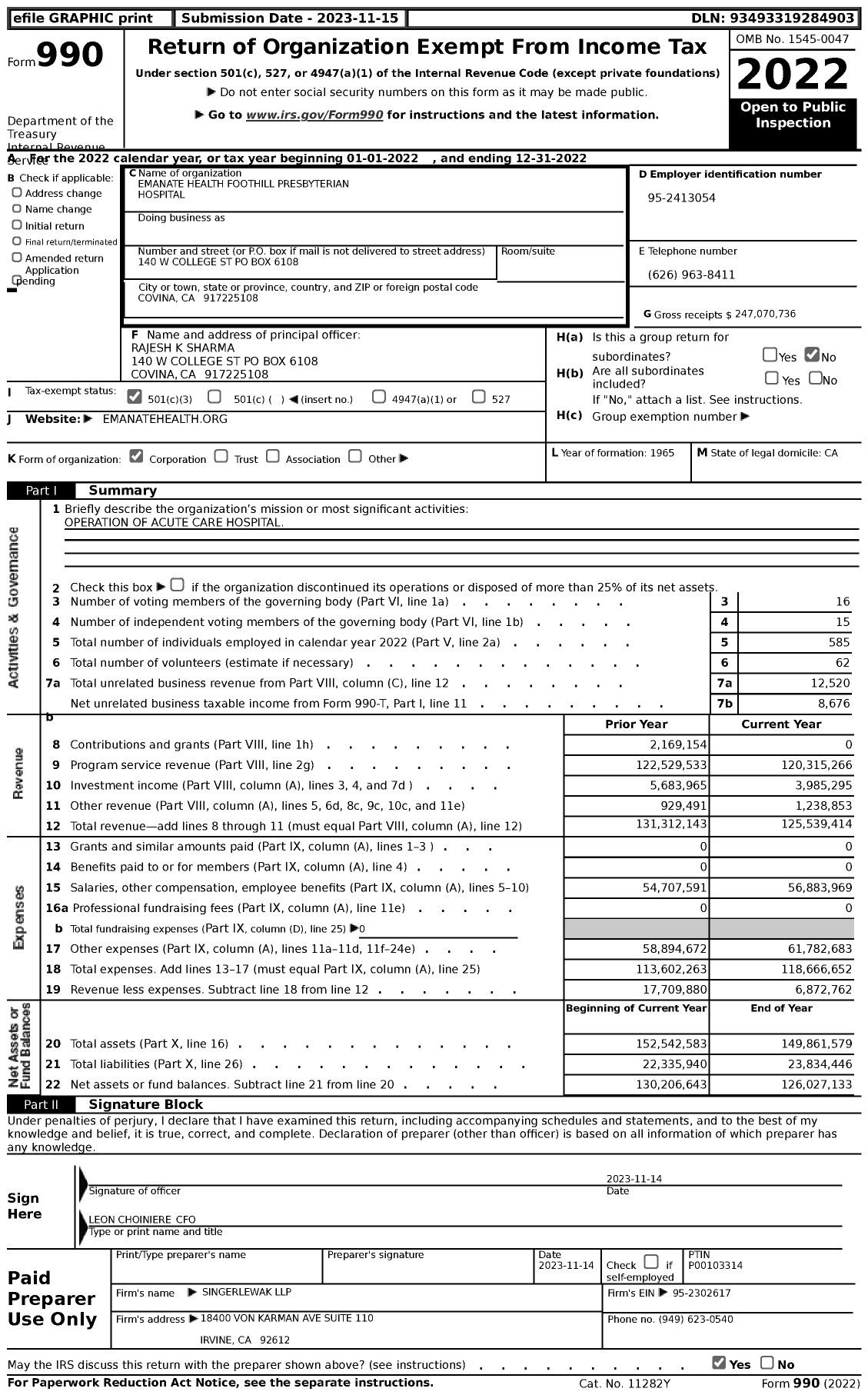 Image of first page of 2022 Form 990 for Emanate Health Foothill Presbyterian Hospital