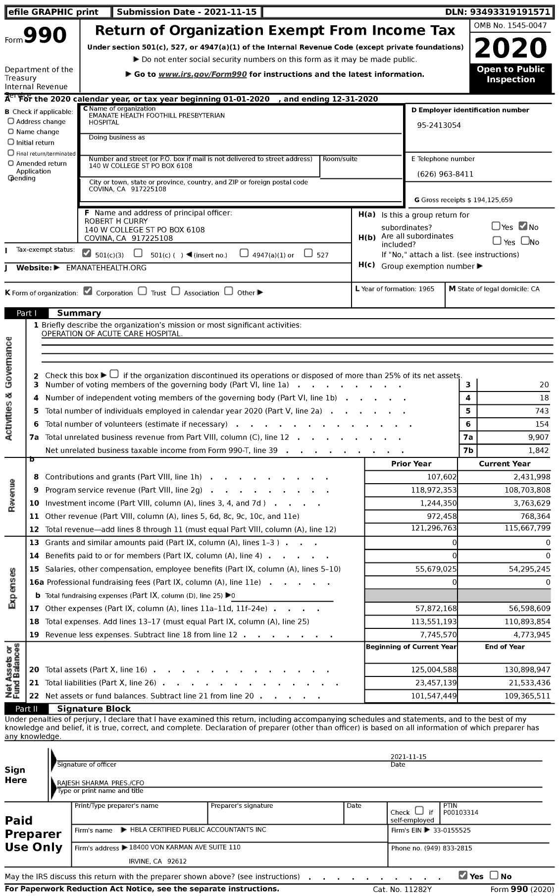 Image of first page of 2020 Form 990 for Emanate Health Foothill Presbyterian Hospital