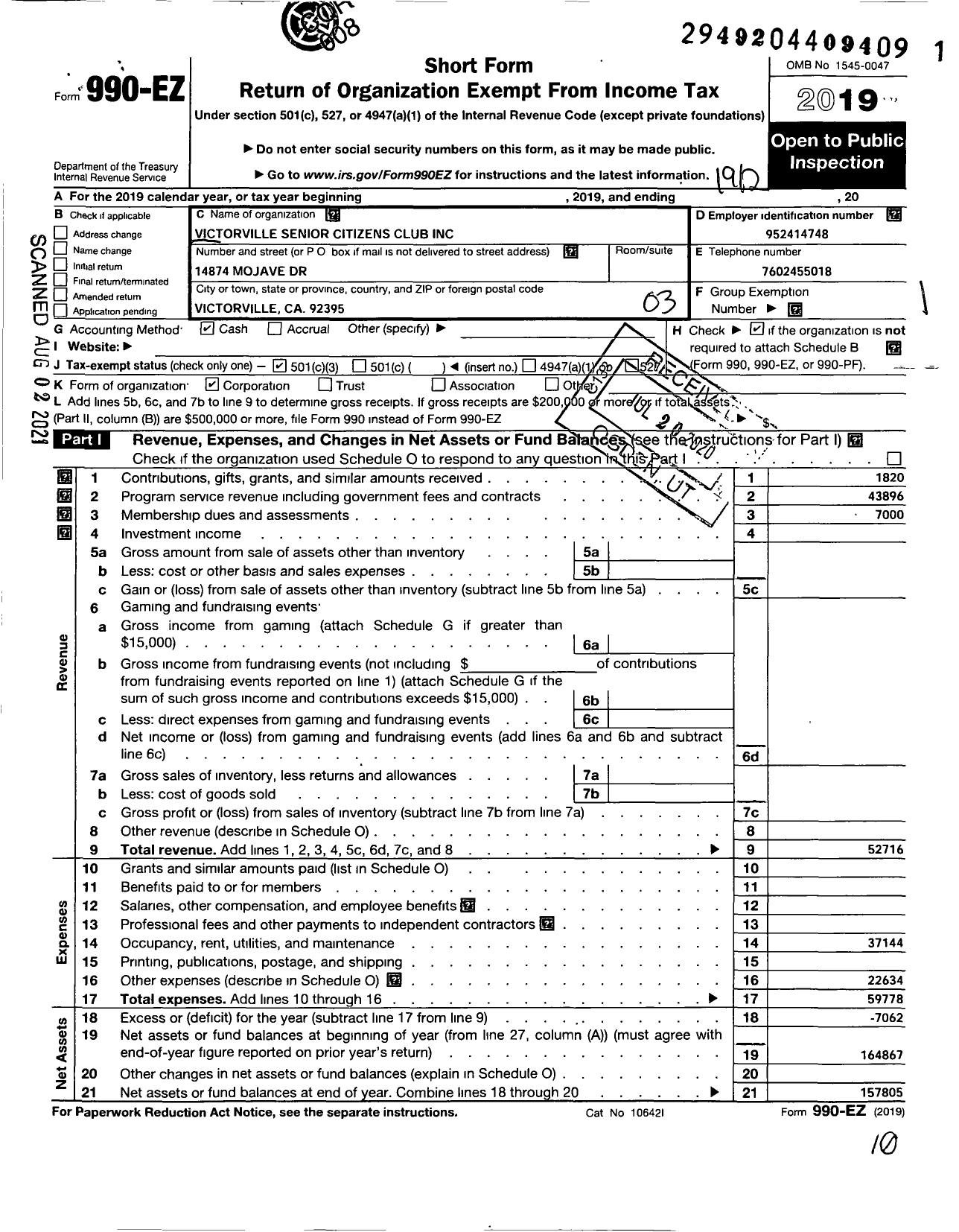 Image of first page of 2019 Form 990EZ for Victorville Senior Citizens Club