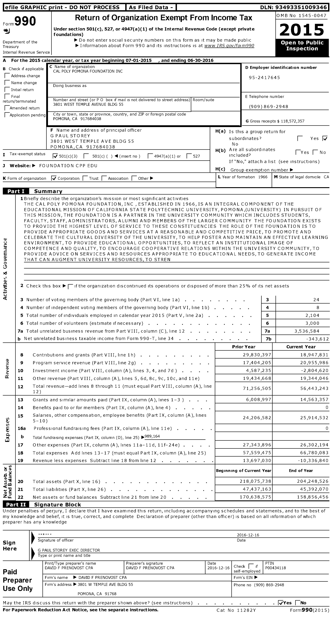 Image of first page of 2015 Form 990 for Cal Poly Pomona Foundation