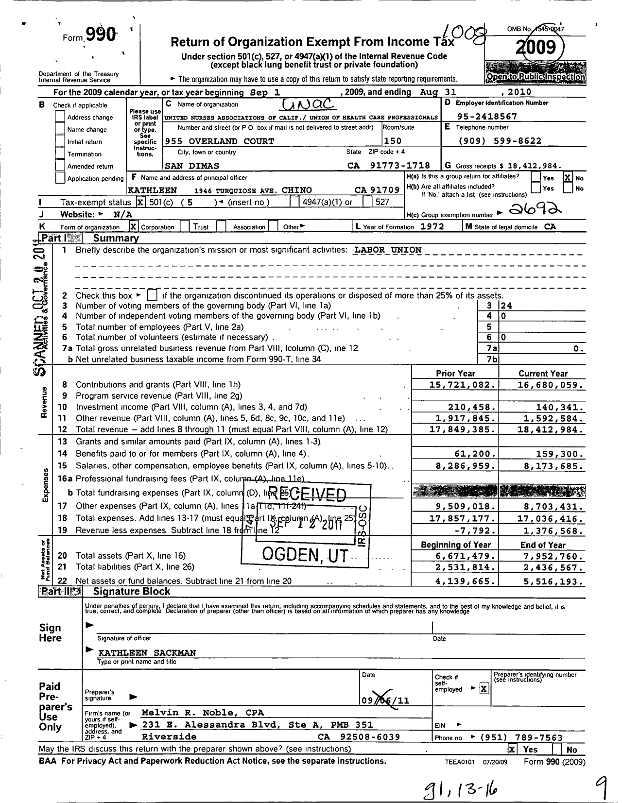Image of first page of 2009 Form 990O for United Nurses Associations of Calif Union of Health Care Pro