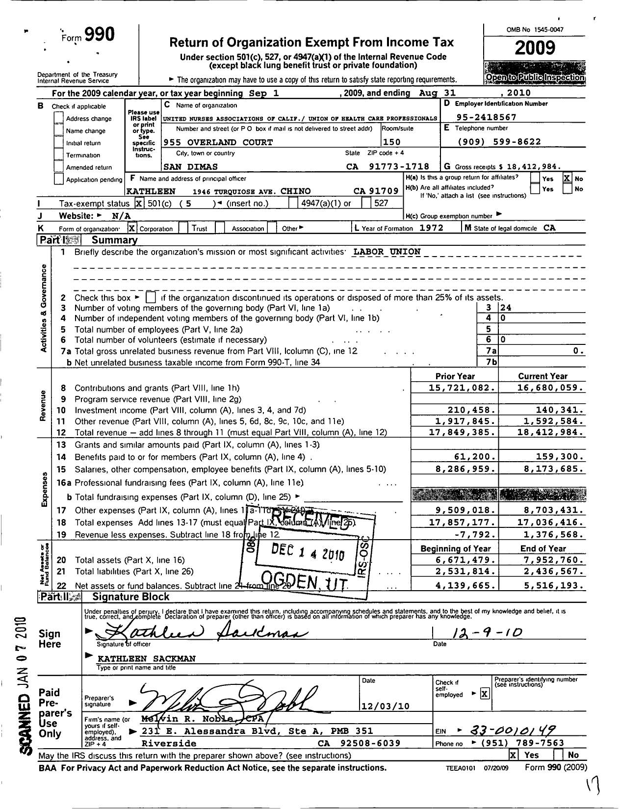 Image of first page of 2009 Form 990O for United Nurses Associations of Calif Union of Health Care Pro