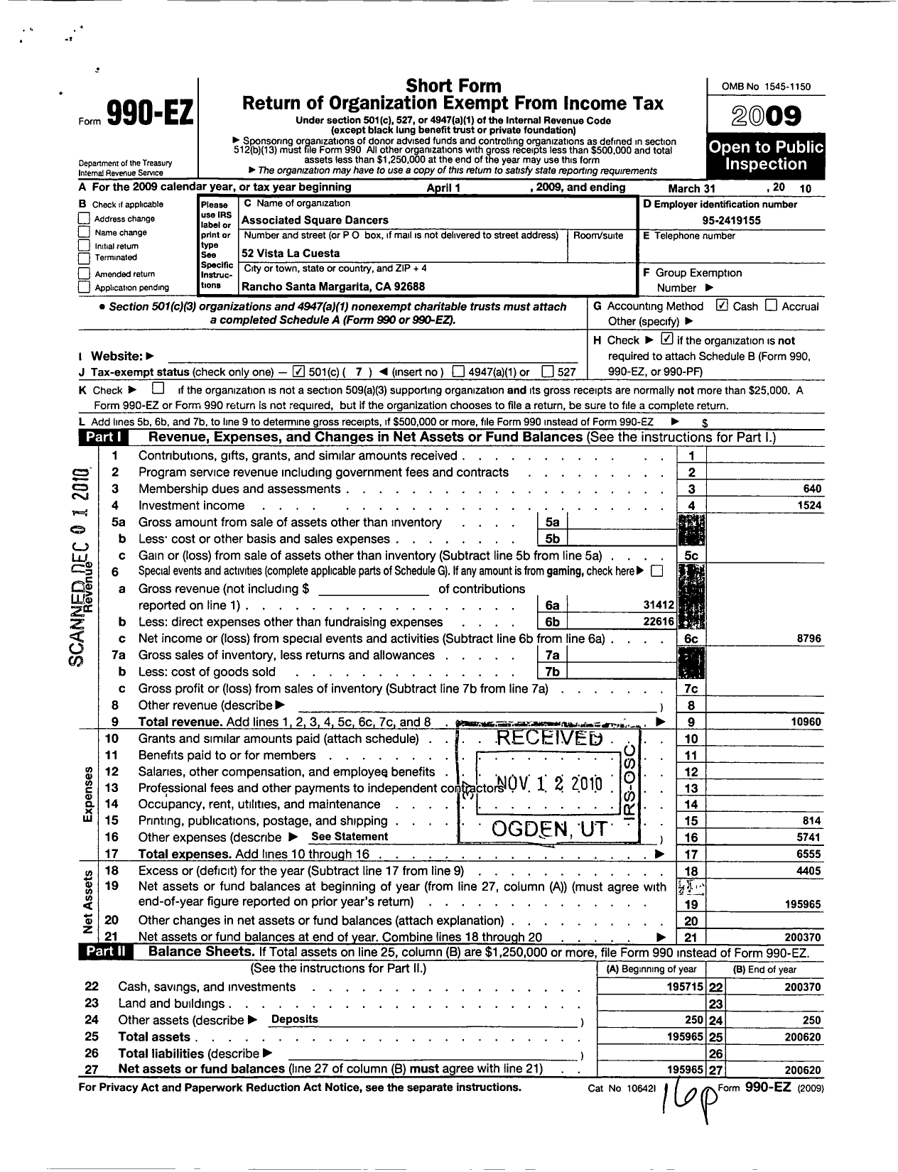 Image of first page of 2009 Form 990EO for Associated Square Dancers