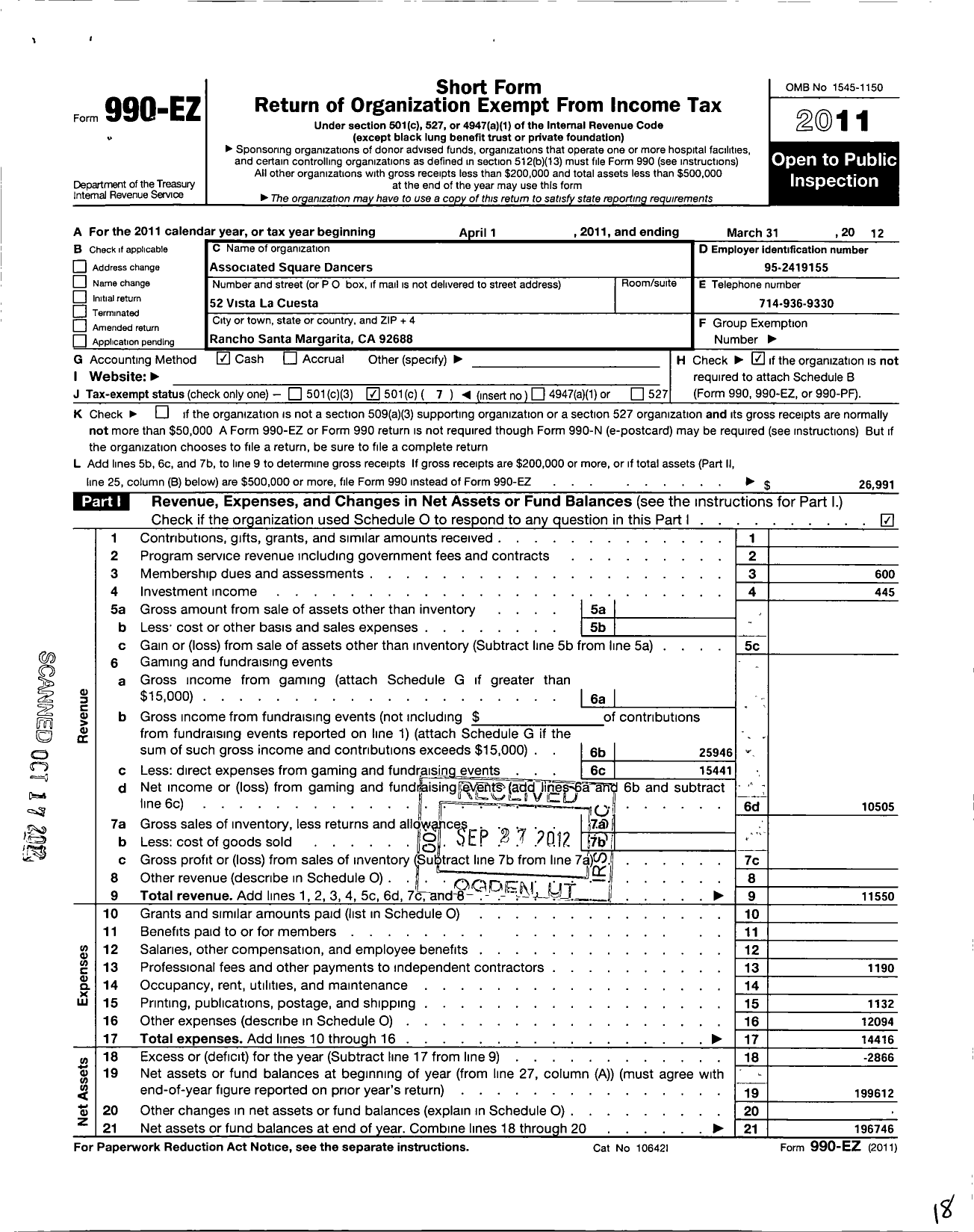 Image of first page of 2011 Form 990EO for Associated Square Dancers