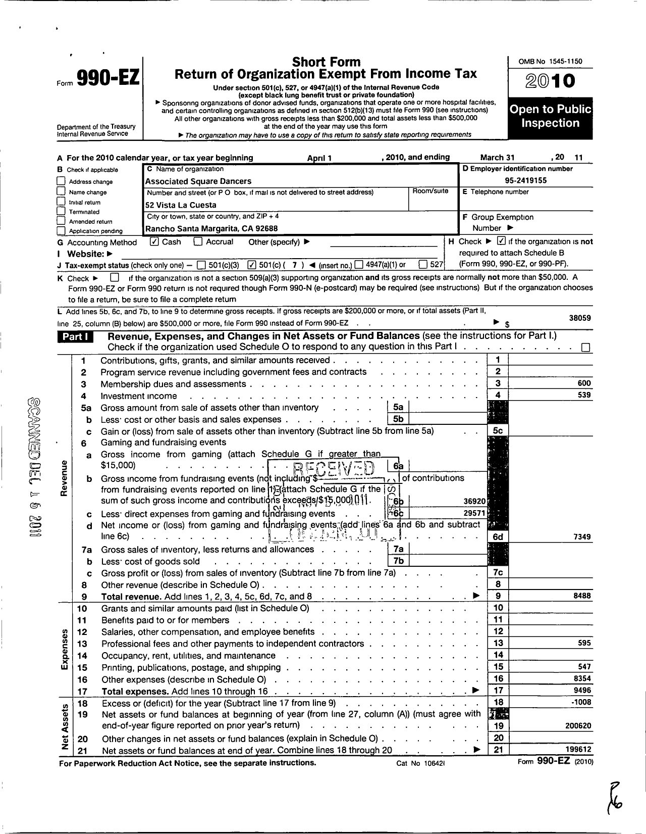 Image of first page of 2010 Form 990EO for Associated Square Dancers