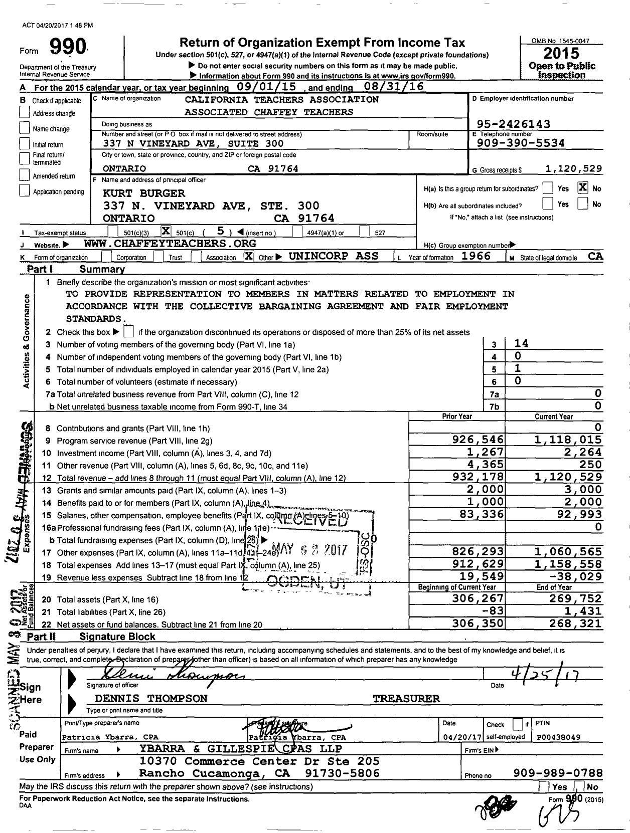 Image of first page of 2015 Form 990O for California Teachers Association Associated Chaffey Teachers