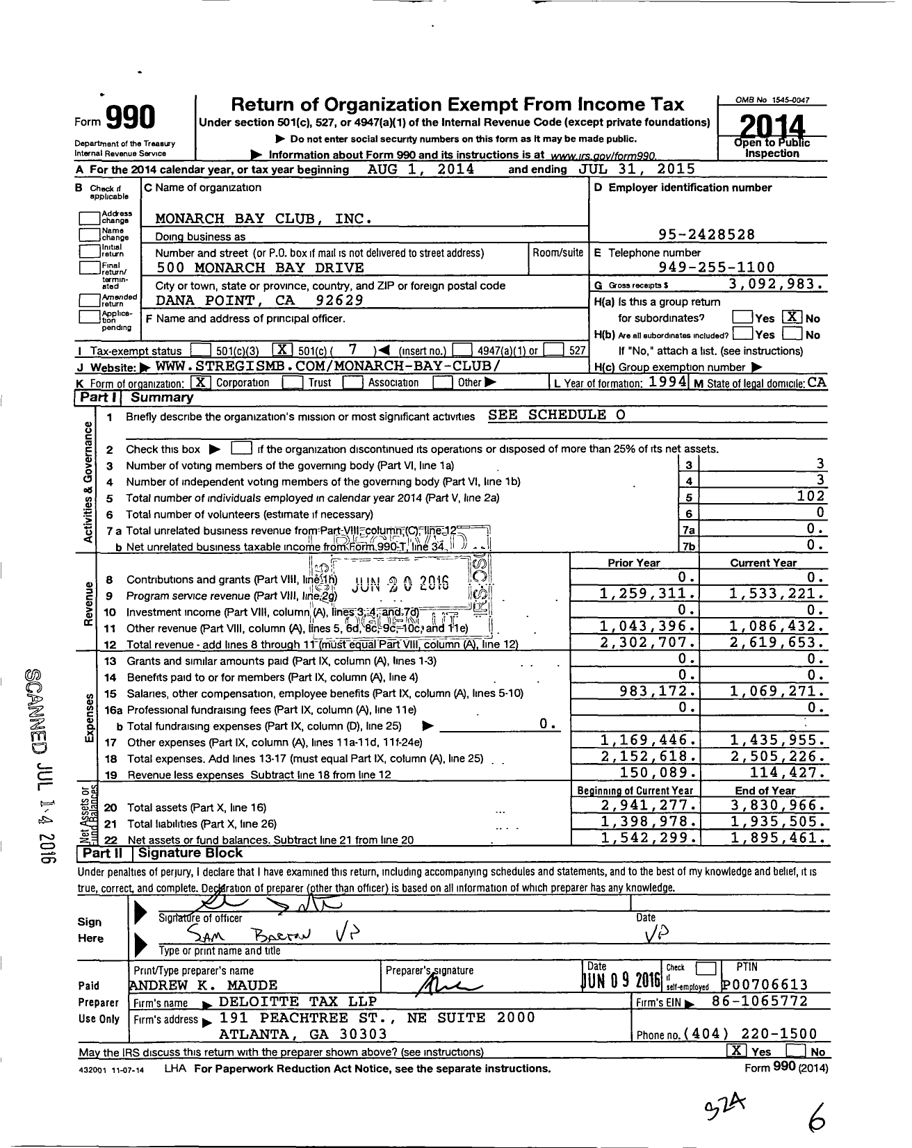 Image of first page of 2014 Form 990O for Monarch Bay Golf Club