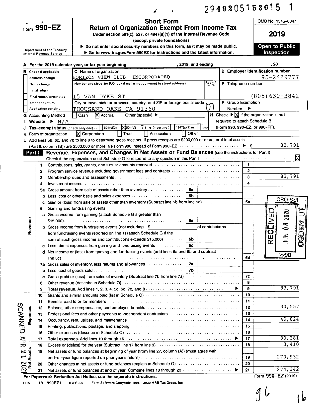 Image of first page of 2019 Form 990EO for Horizon View Club Incorporated