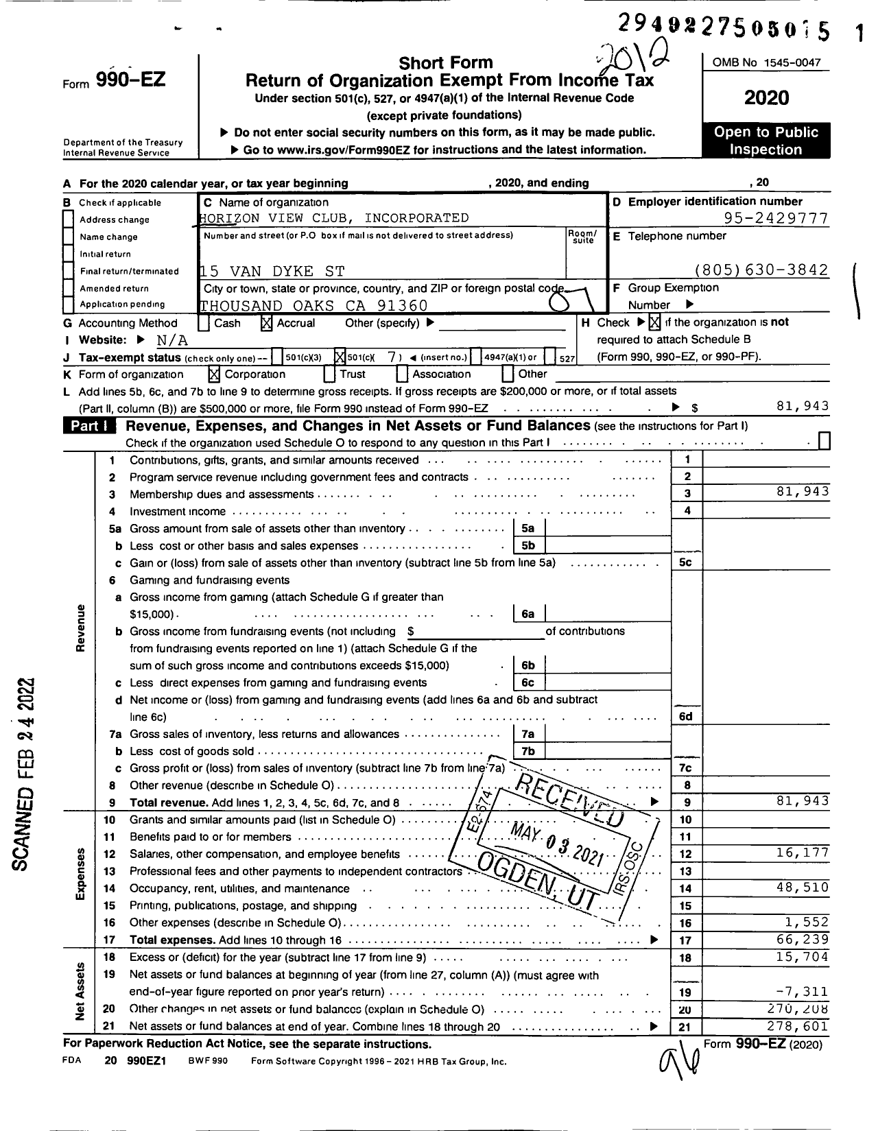 Image of first page of 2020 Form 990EO for Horizon View Club Incorporated