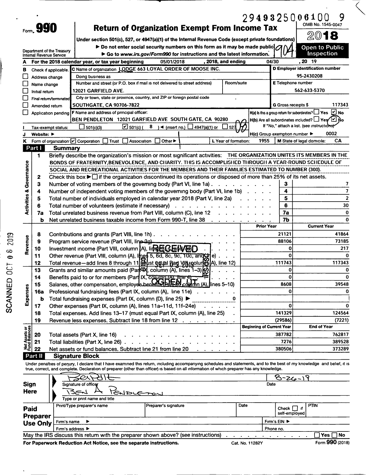 Image of first page of 2018 Form 990O for Loyal Order of Moose - Downey Moose Lodge 663