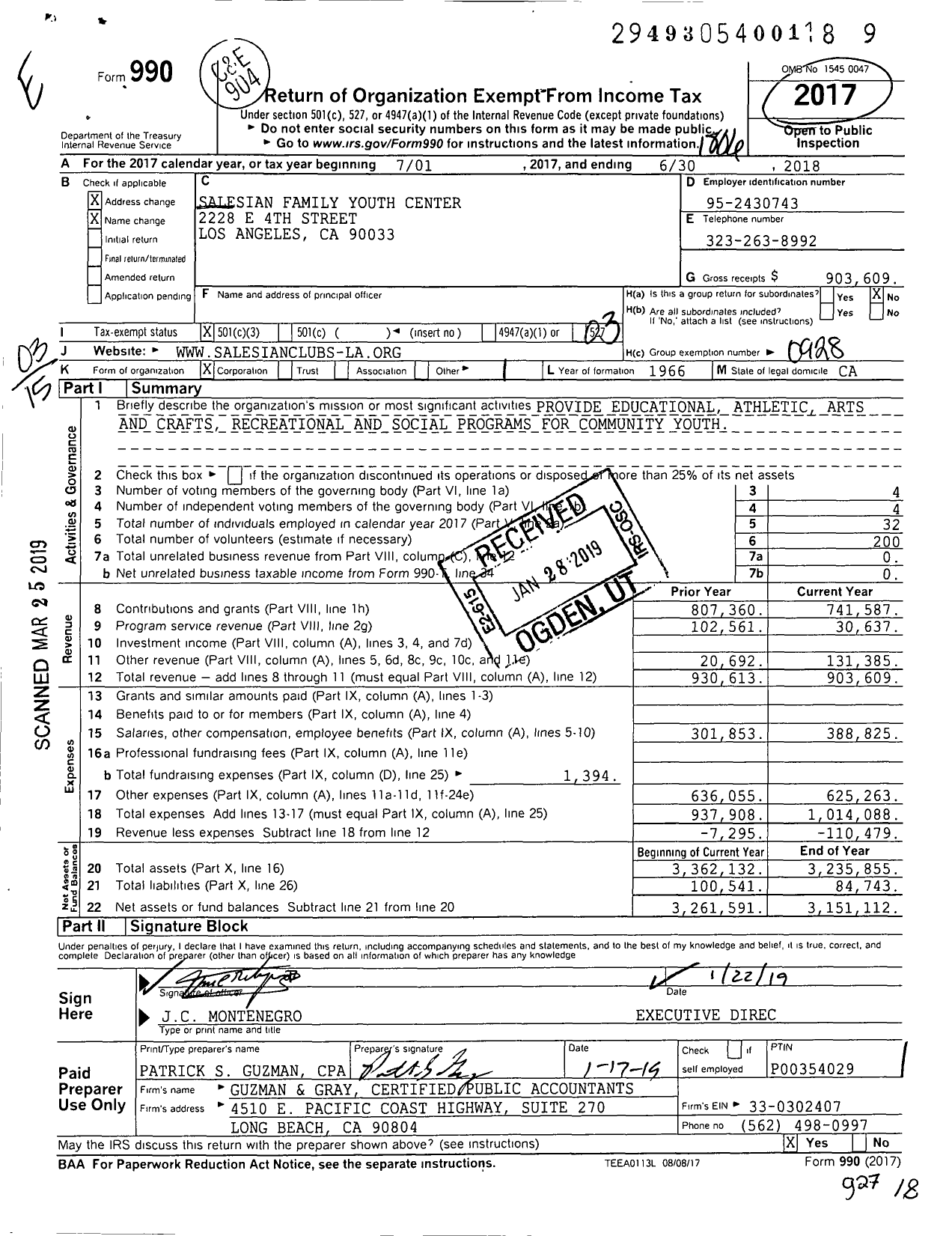 Image of first page of 2017 Form 990 for Salesian Family Youth Center