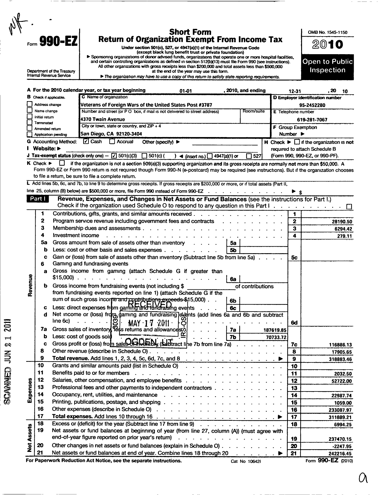 Image of first page of 2010 Form 990EZ for VFW California Department - 3787 Mission Valley Post