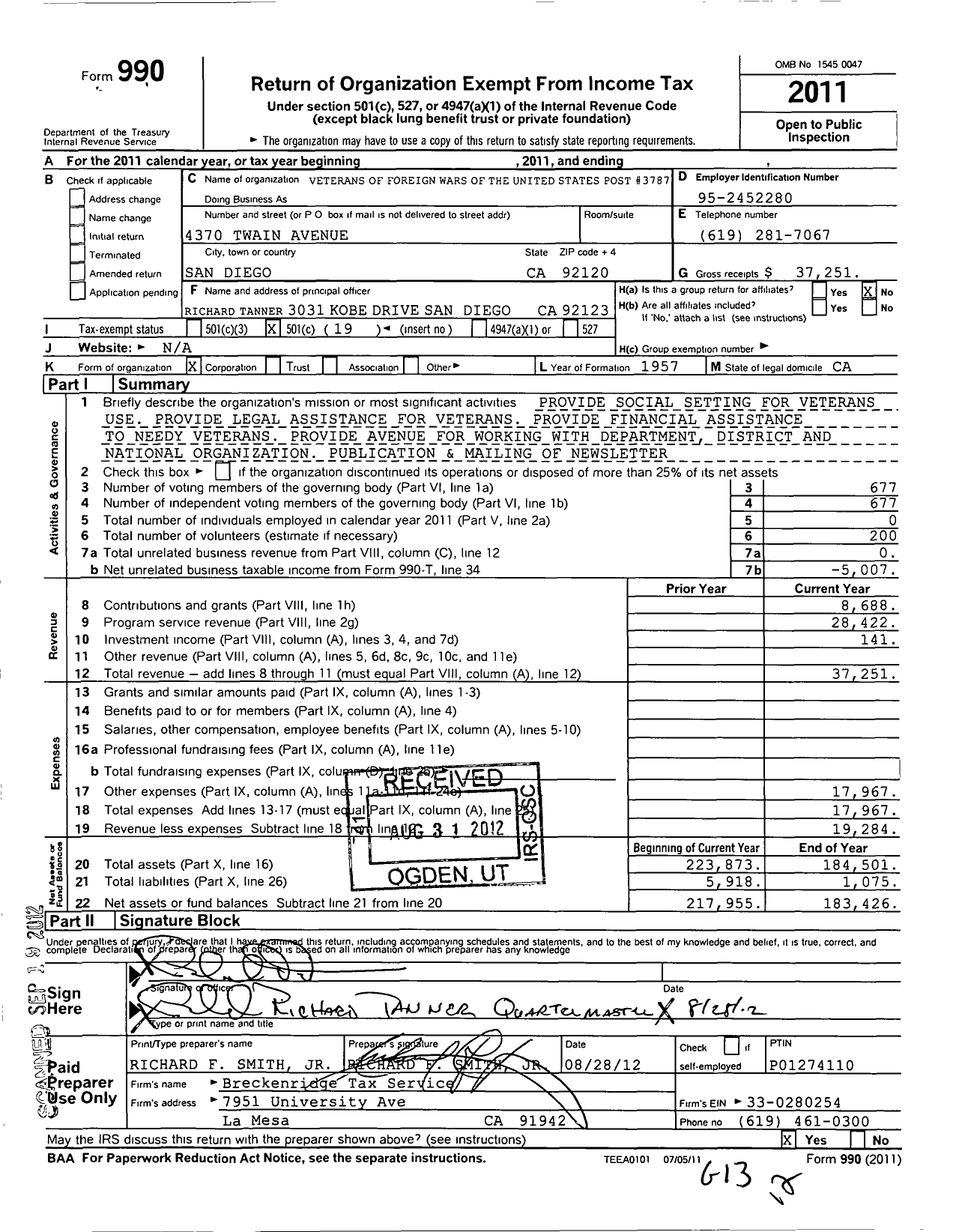 Image of first page of 2011 Form 990O for VFW California Department - 3787 Mission Valley Post