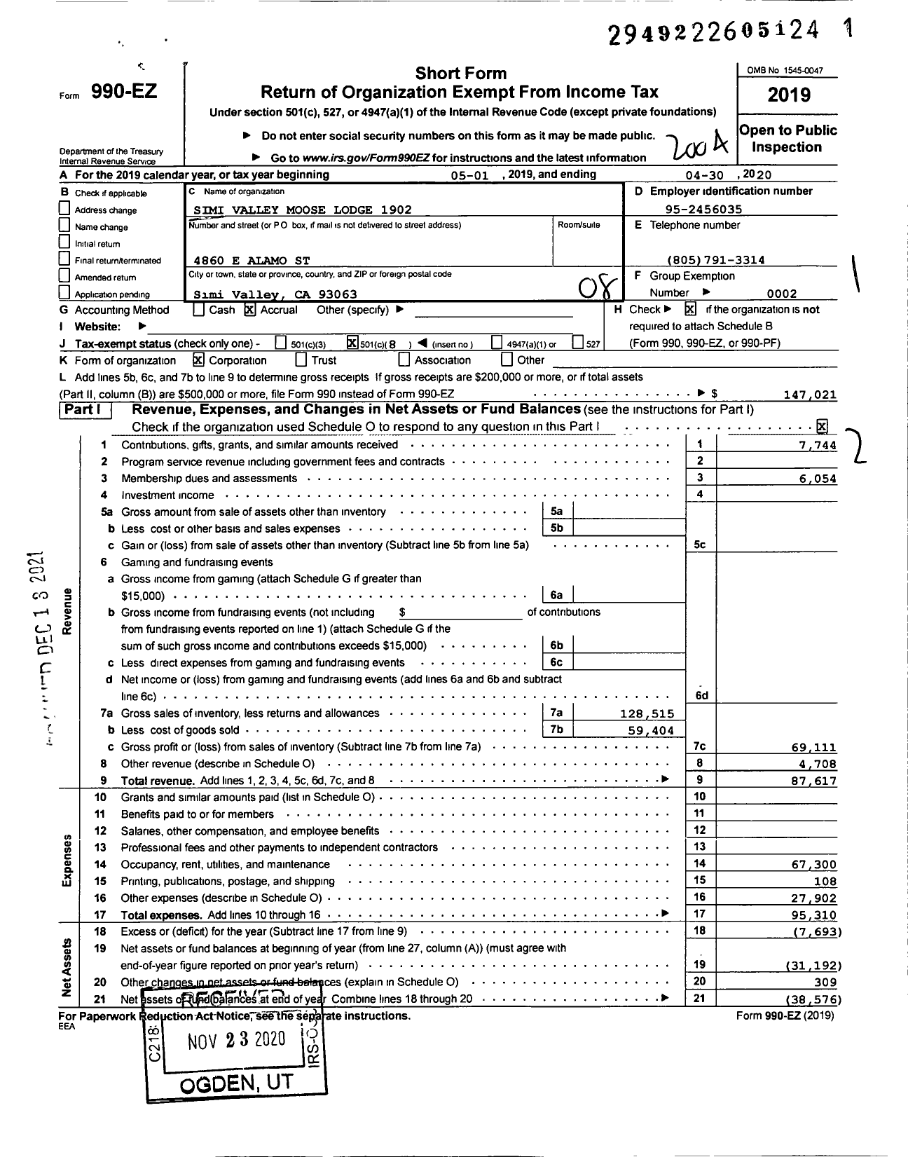 Image of first page of 2019 Form 990EO for Loyal Order of Moose - 1902