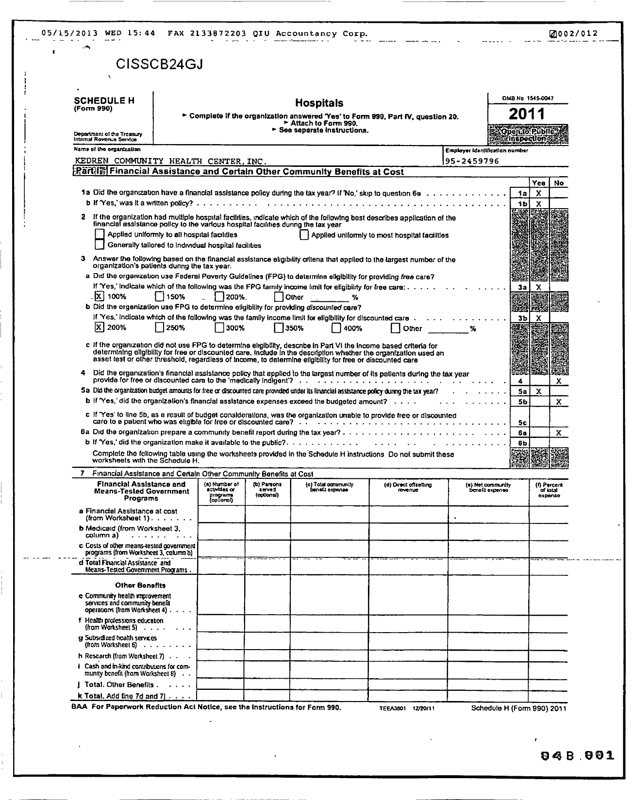 Image of first page of 2011 Form 990R for Kedren Community Health Center