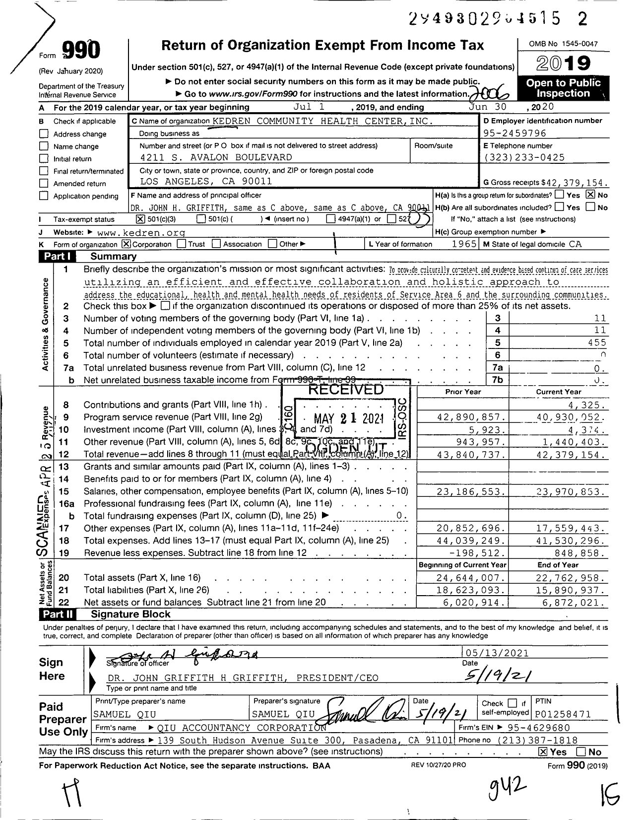 Image of first page of 2019 Form 990 for Kedren Community Health Center