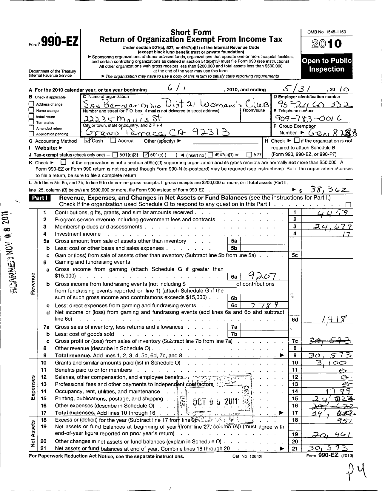 Image of first page of 2009 Form 990EO for California Federation of Women's Clubs - Womans Club of Lake Arrowhead