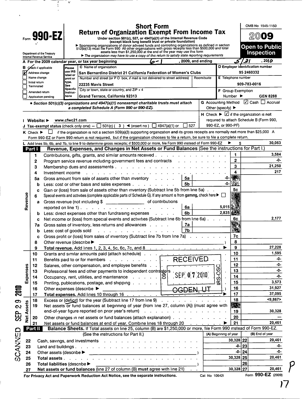 Image of first page of 2009 Form 990EZ for California Federation of Women's Clubs - Womans Club of Lake Arrowhead