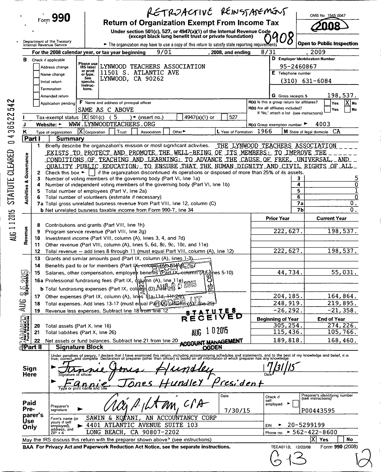 Image of first page of 2008 Form 990O for Lynwood Teachers Association