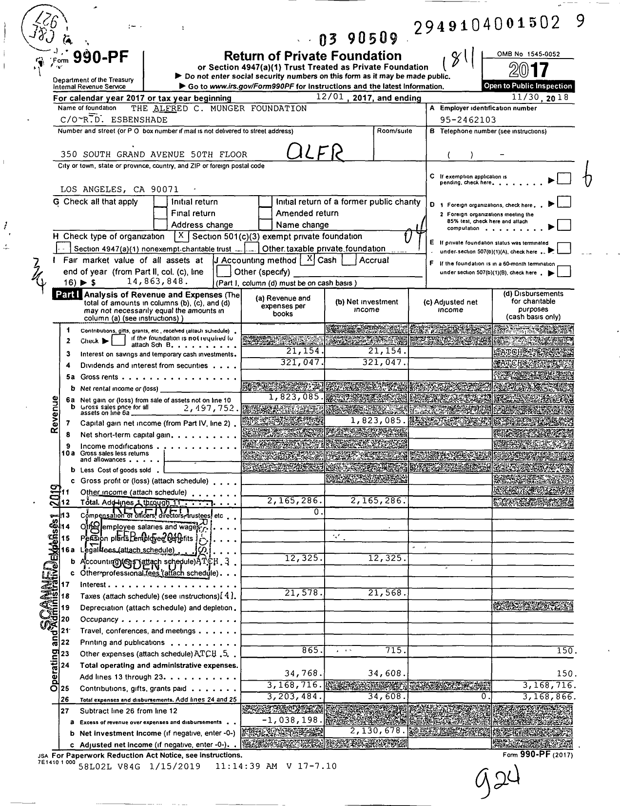 Image of first page of 2017 Form 990PF for Alfred C. Munger Foundation