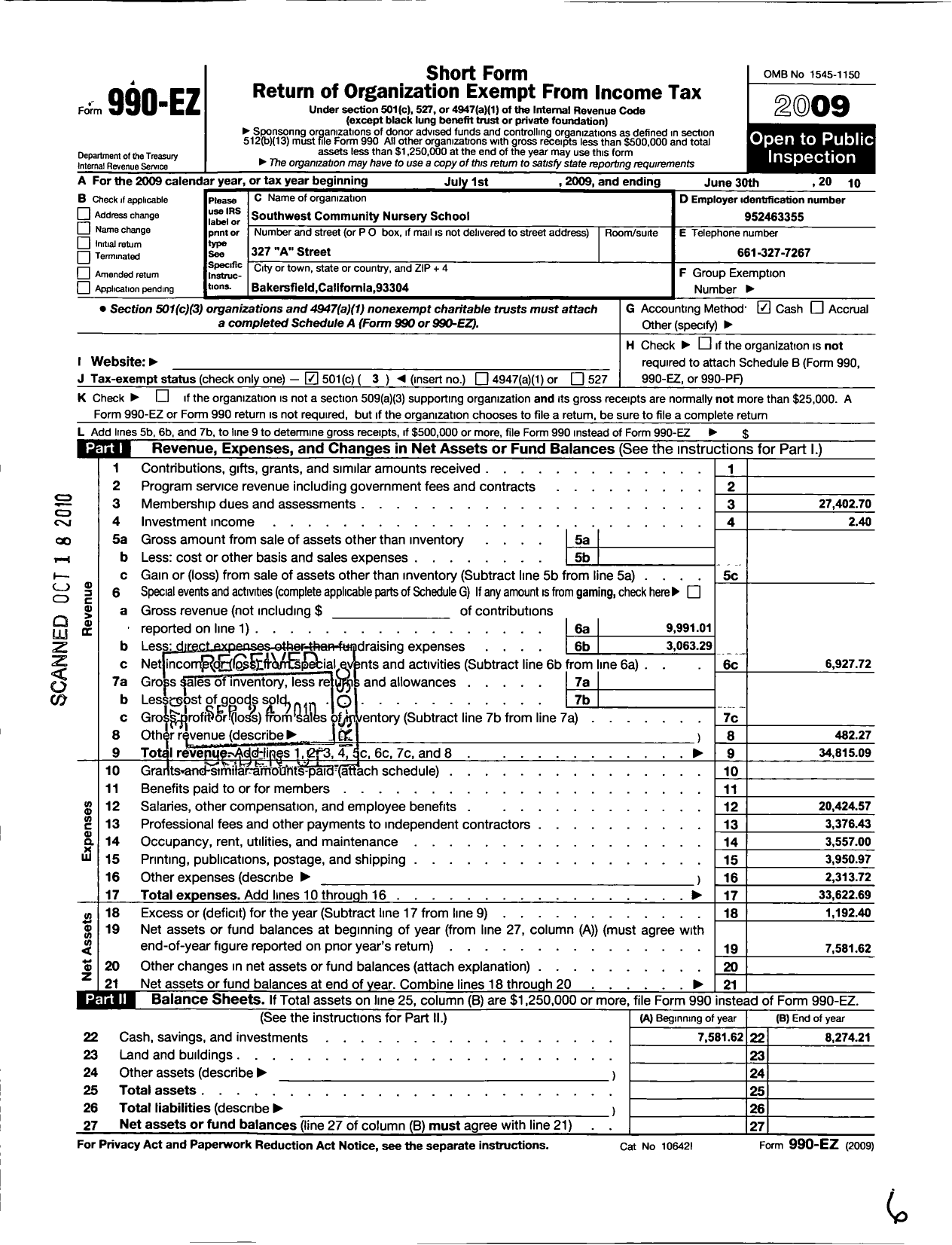 Image of first page of 2009 Form 990EZ for Southwest Community Nursery School