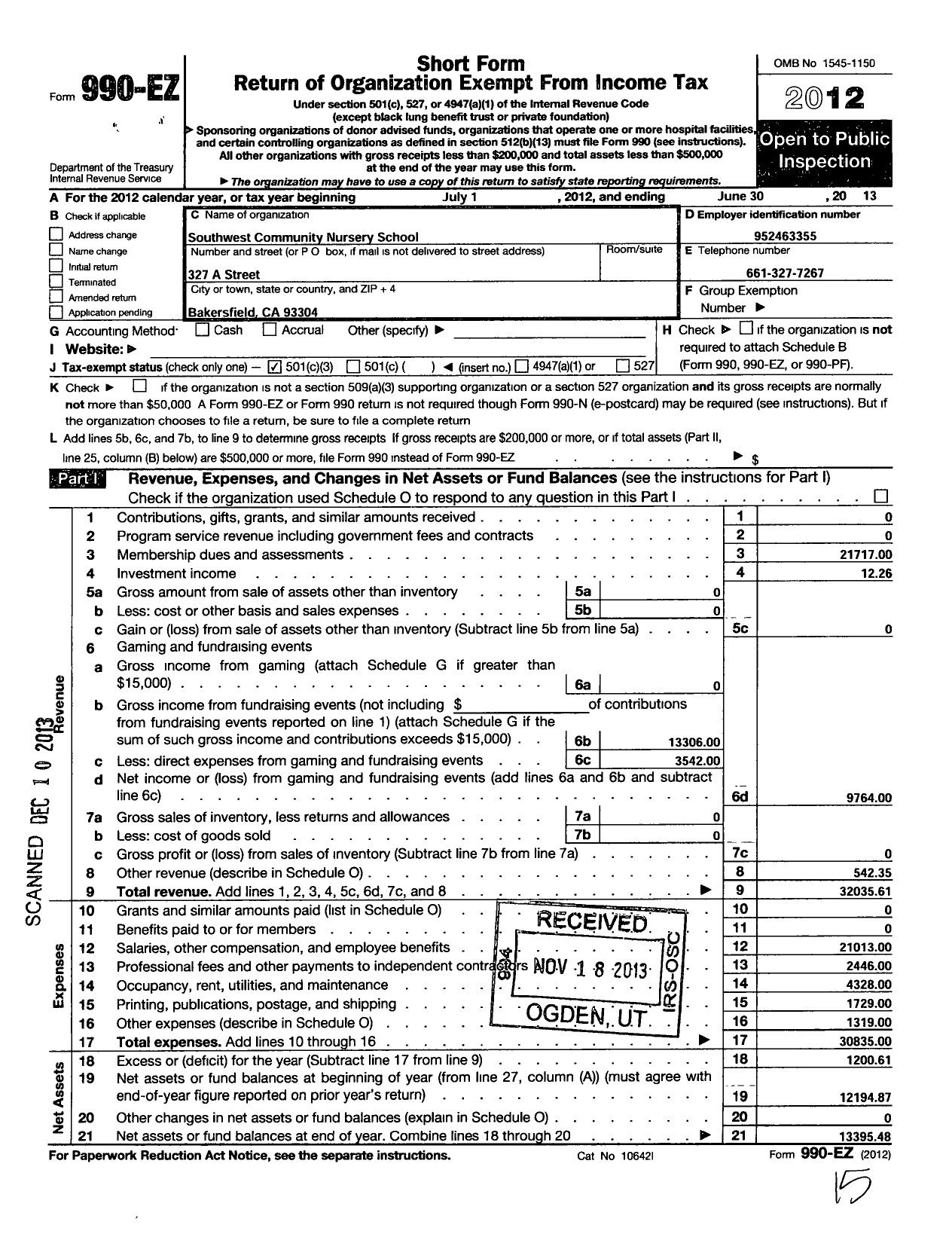 Image of first page of 2012 Form 990EZ for Southwest Community Nursery School