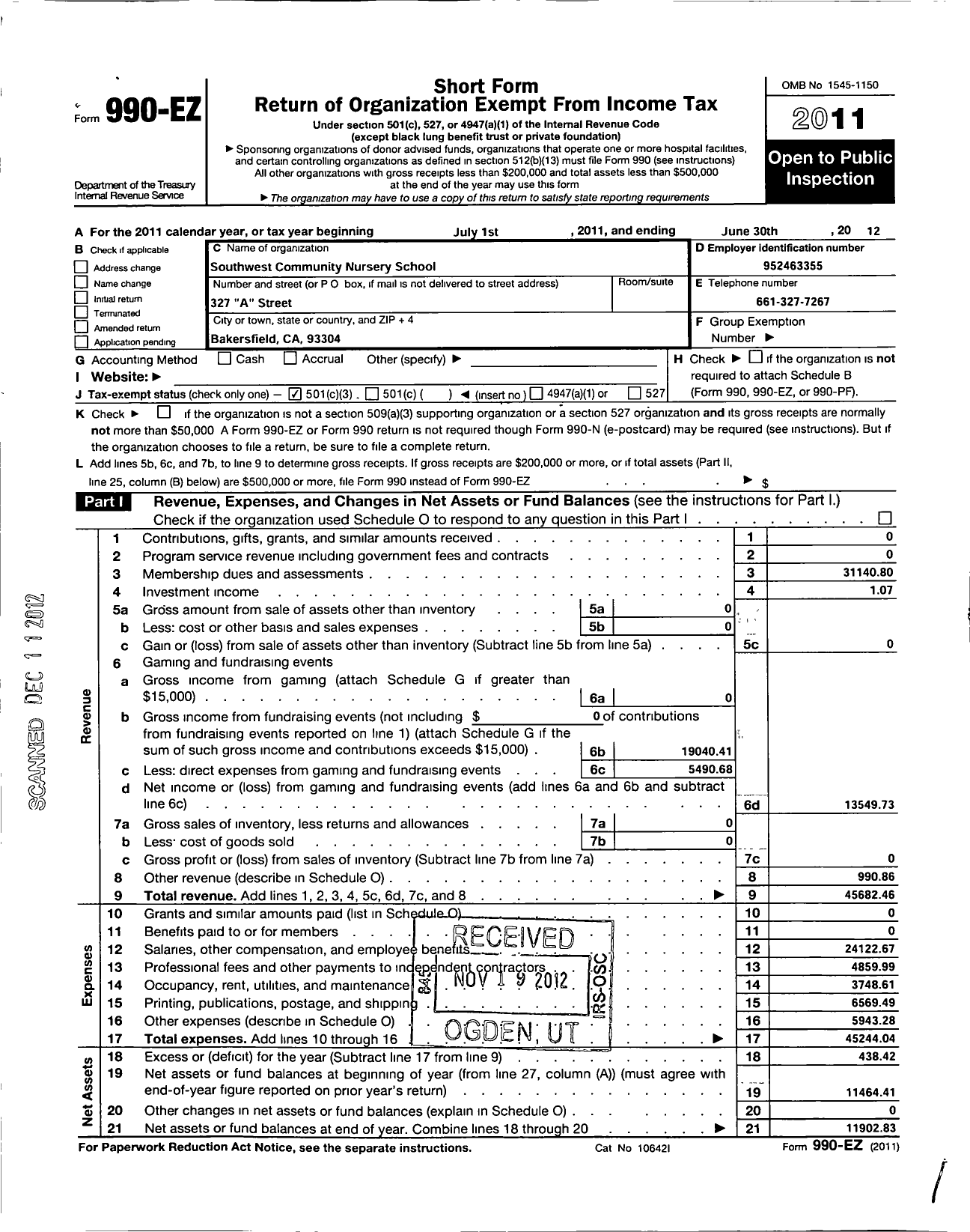 Image of first page of 2011 Form 990EZ for Southwest Community Nursery School