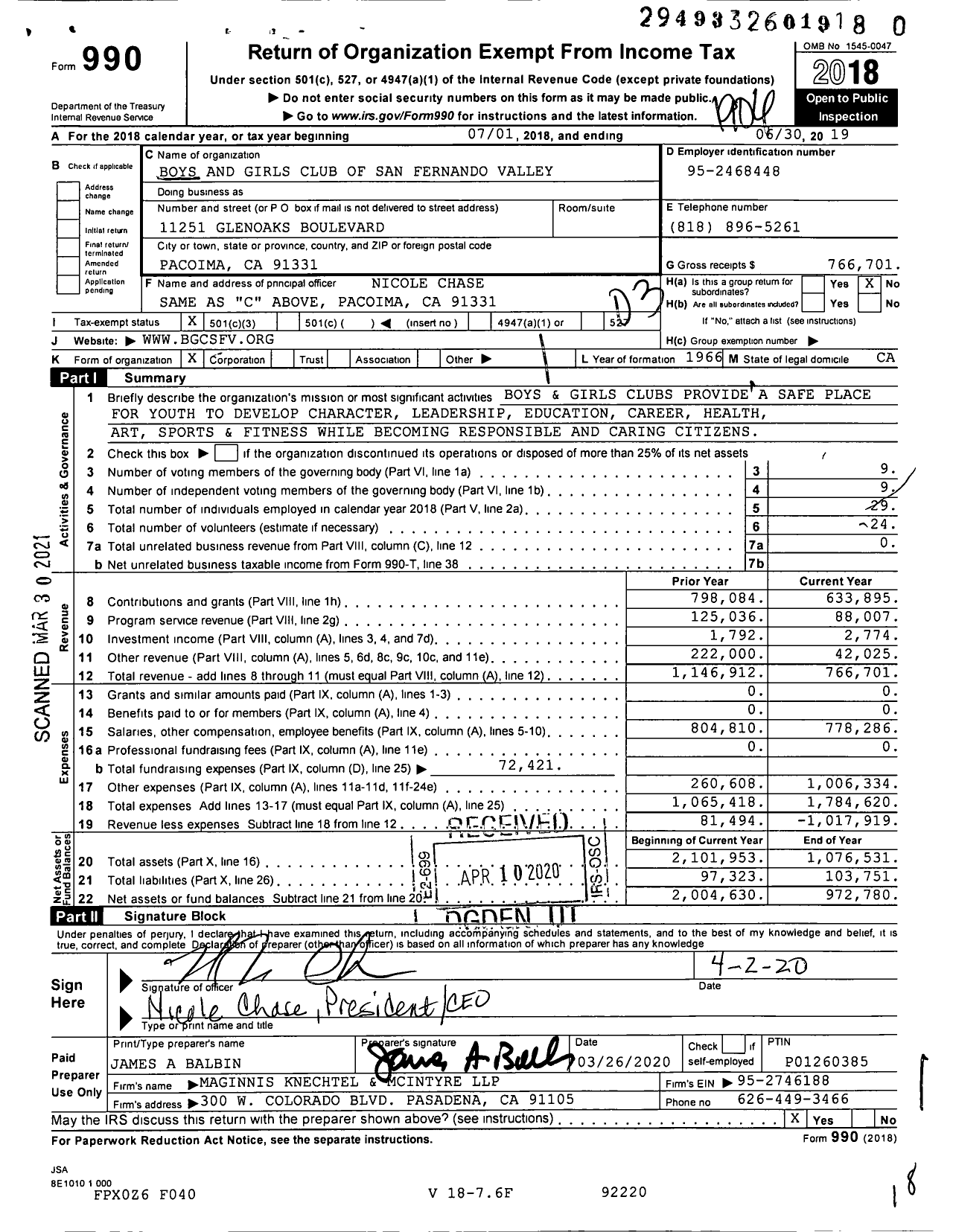Image of first page of 2018 Form 990 for Boys and Girls Club of San Fernando Valley