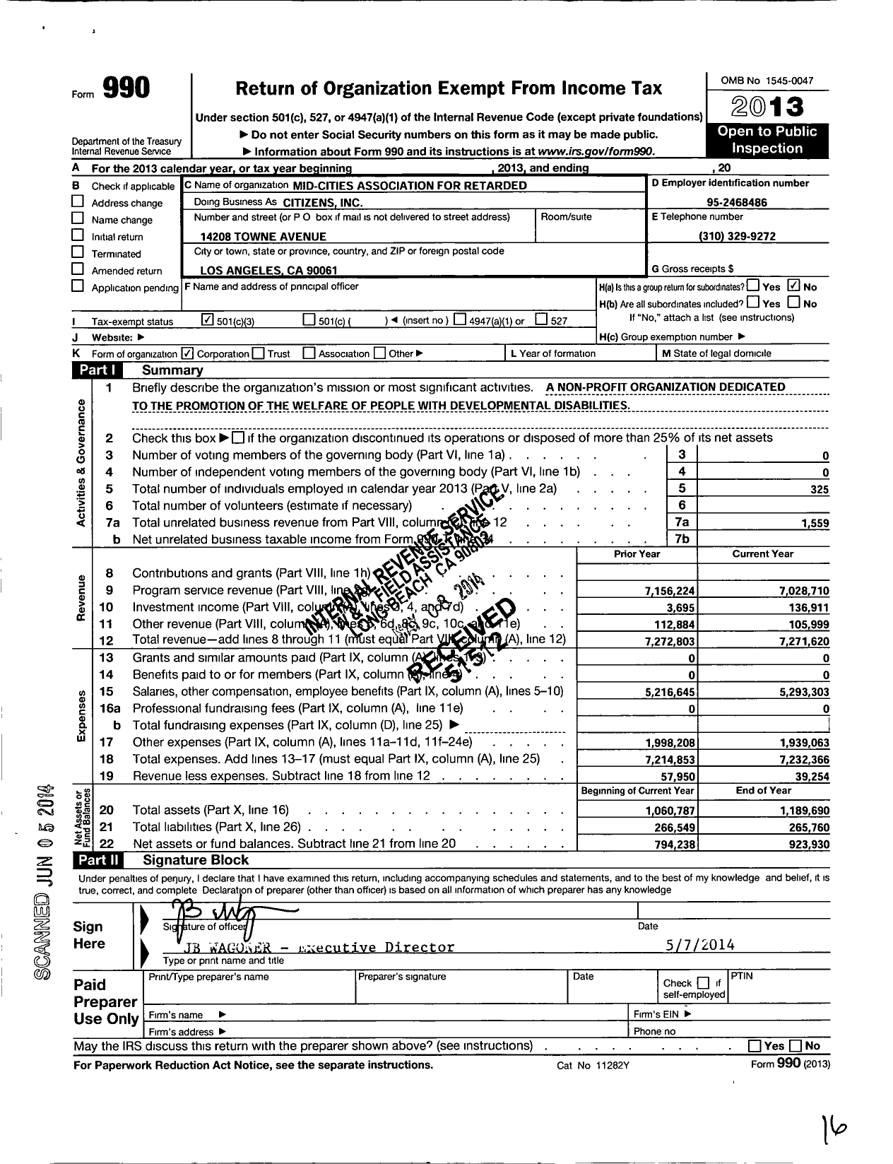 Image of first page of 2013 Form 990 for Mid-Cities Association for Retarded Citizens