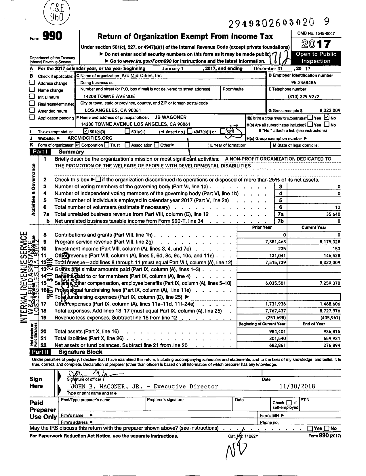 Image of first page of 2017 Form 990 for Mid-Cities Association for Retarded Citizens