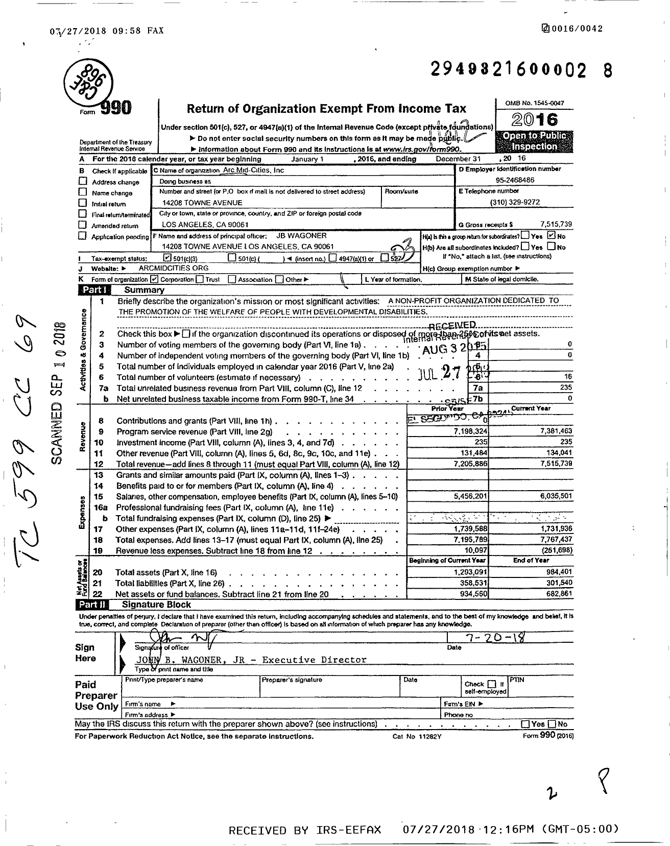 Image of first page of 2016 Form 990 for Mid-Cities Association for Retarded Citizens