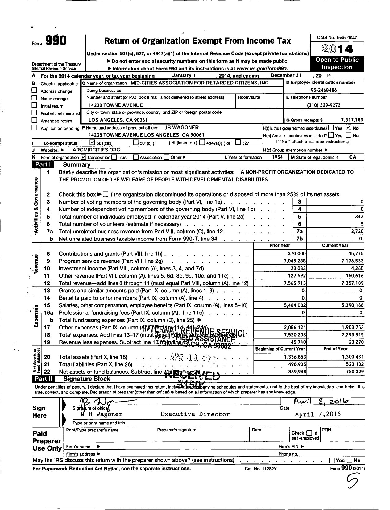 Image of first page of 2014 Form 990 for Mid-Cities Association for Retarded Citizens